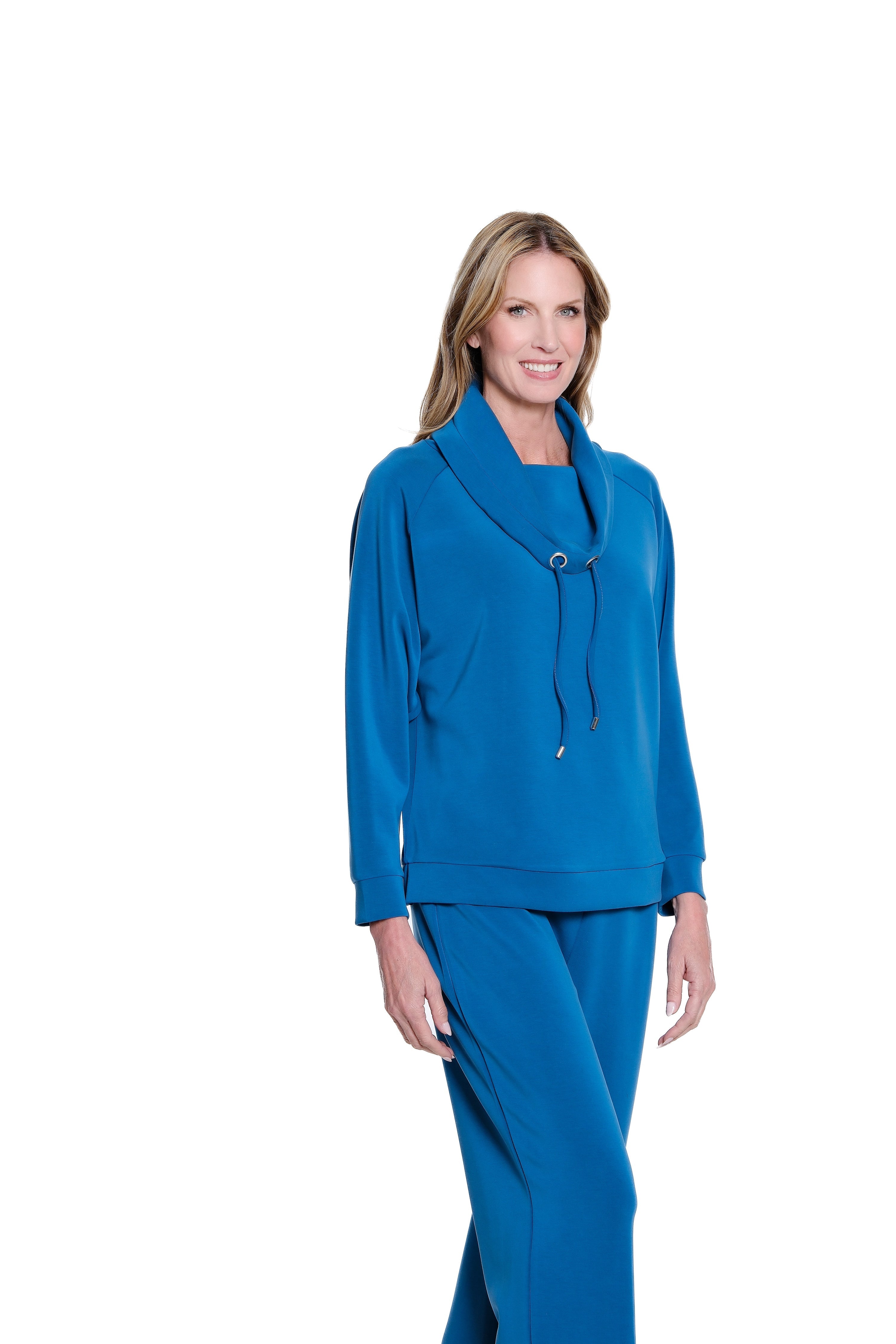 Drawstring Cowl Collar Knit Top - Plus - Peacock