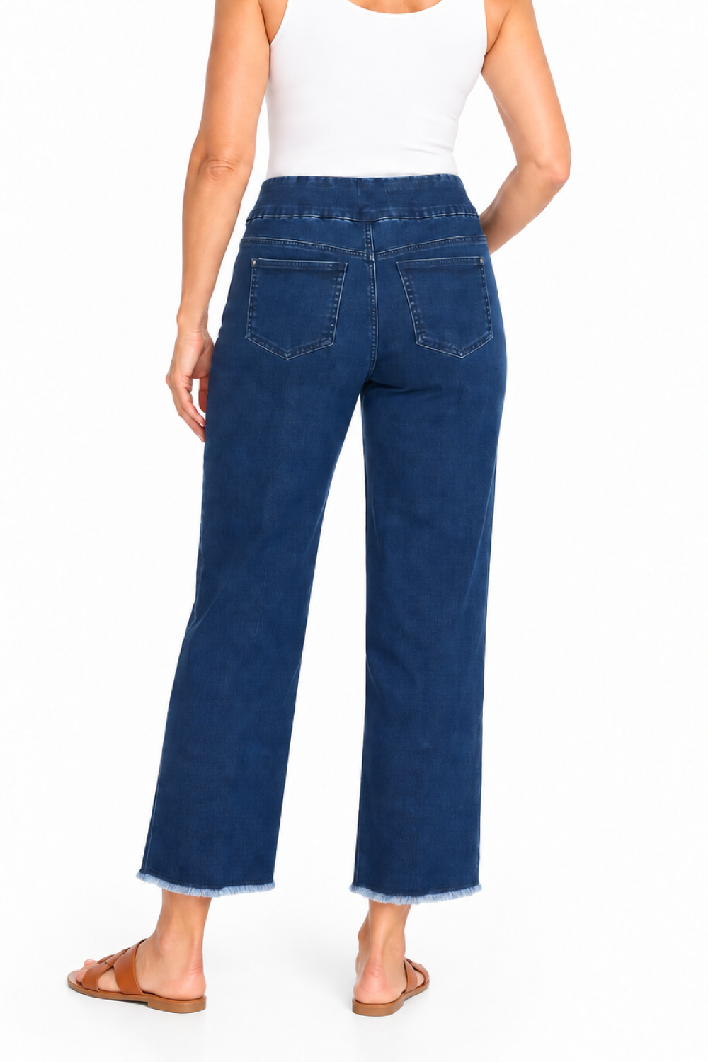 Midnight Indigo Pull-On Fringe Hem Wide Leg Ankle Pant