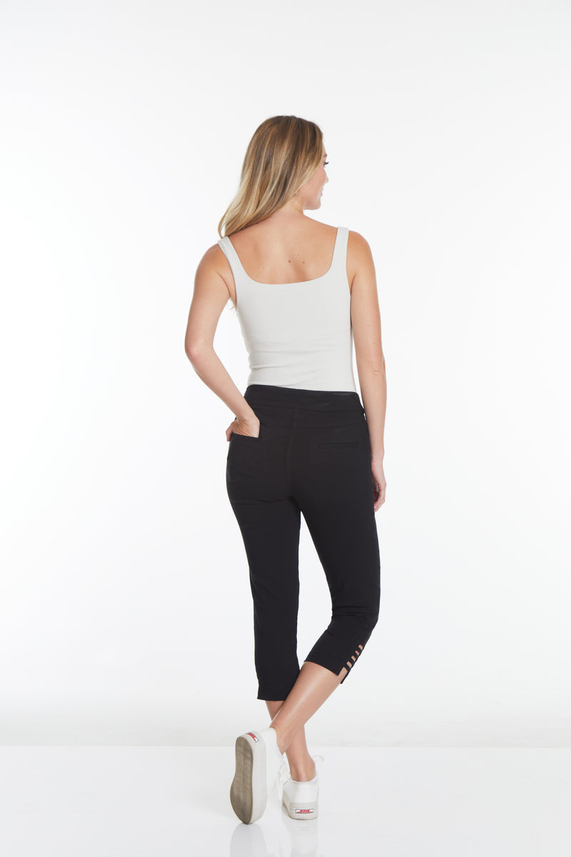 Black Crop Pants with Pockets and Strap Hem Vents