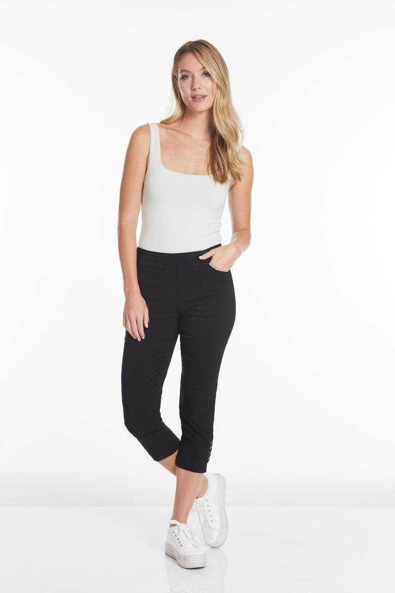 Plus Size Black Crop Pants with Pockets & Strap Hem Vents