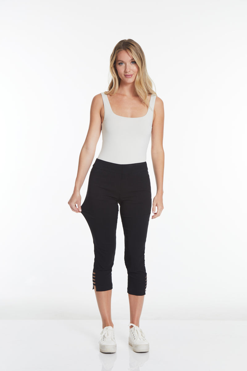 Plus Size Black Crop Pants with Pockets & Strap Hem Vents