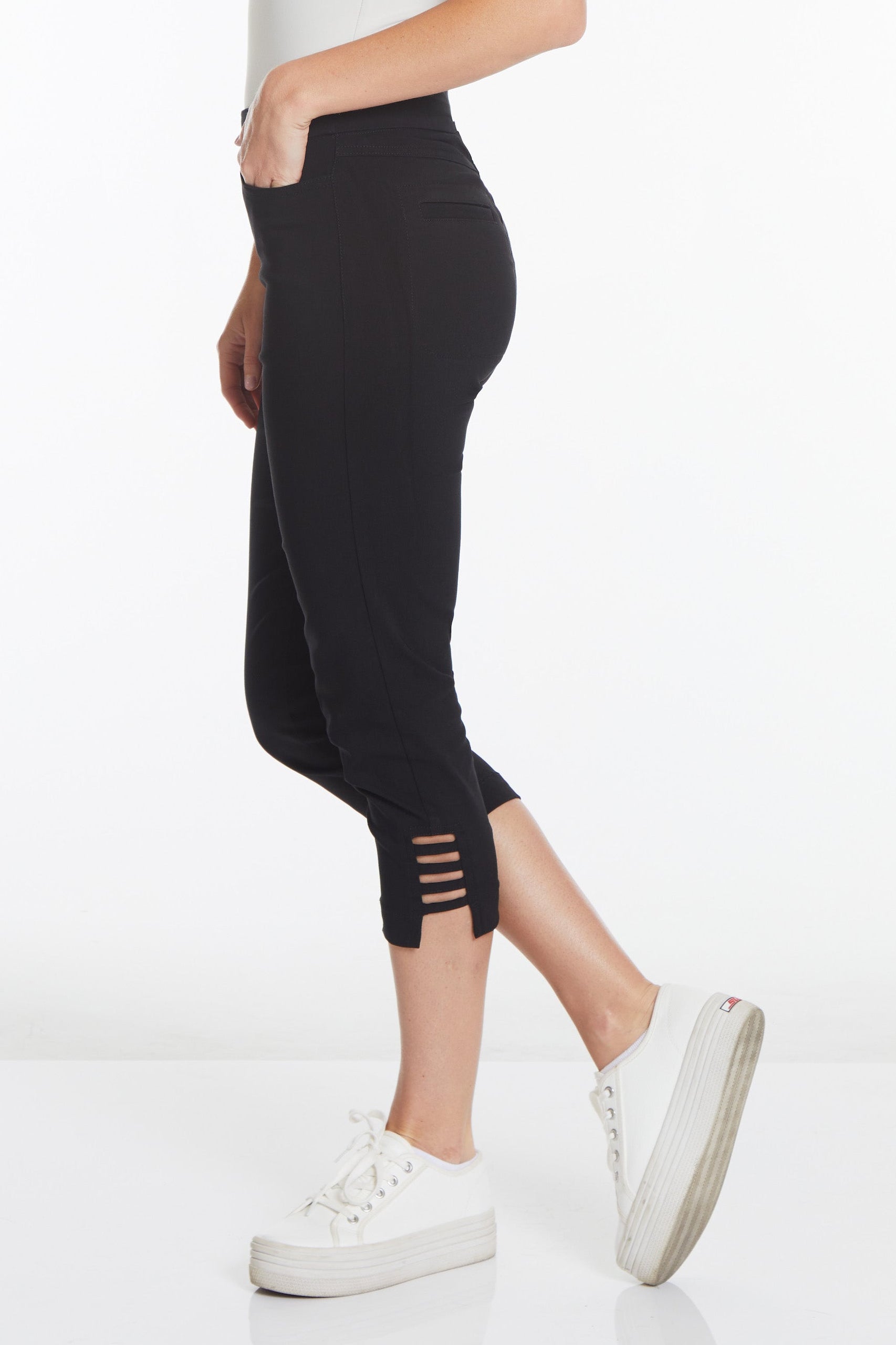 Plus Size Black Crop Pants with Pockets & Strap Hem Vents
