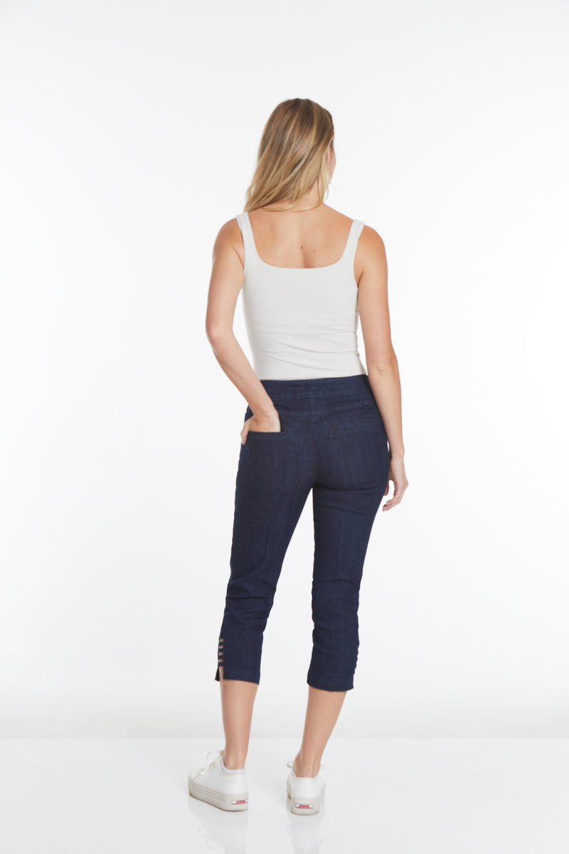 Denim Crop Pants with Pockets and Strap Hem Vents