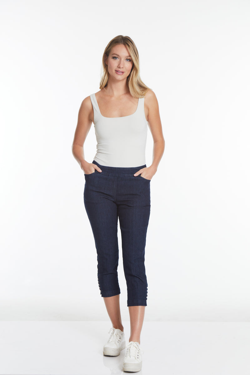 Denim Crop Pants with Pockets and Strap Hem Vents