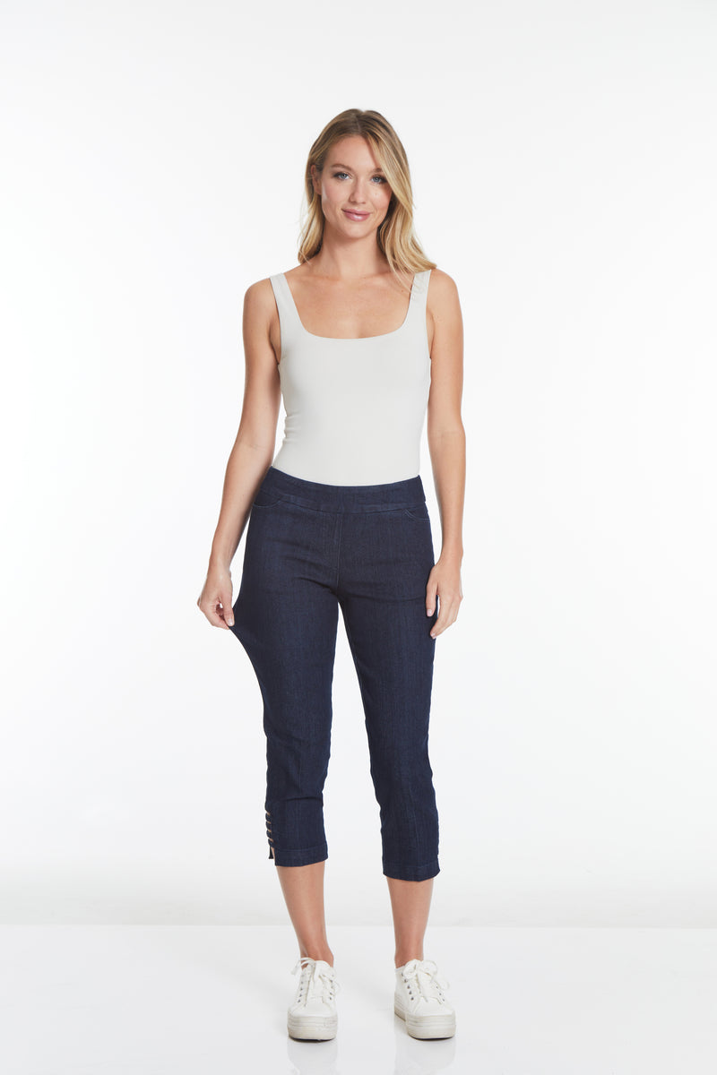 Denim Crop Pants with Pockets and Strap Hem Vents