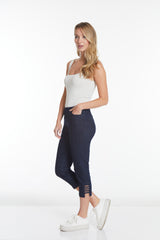 Denim Crop Pants with Pockets and Strap Hem Vents