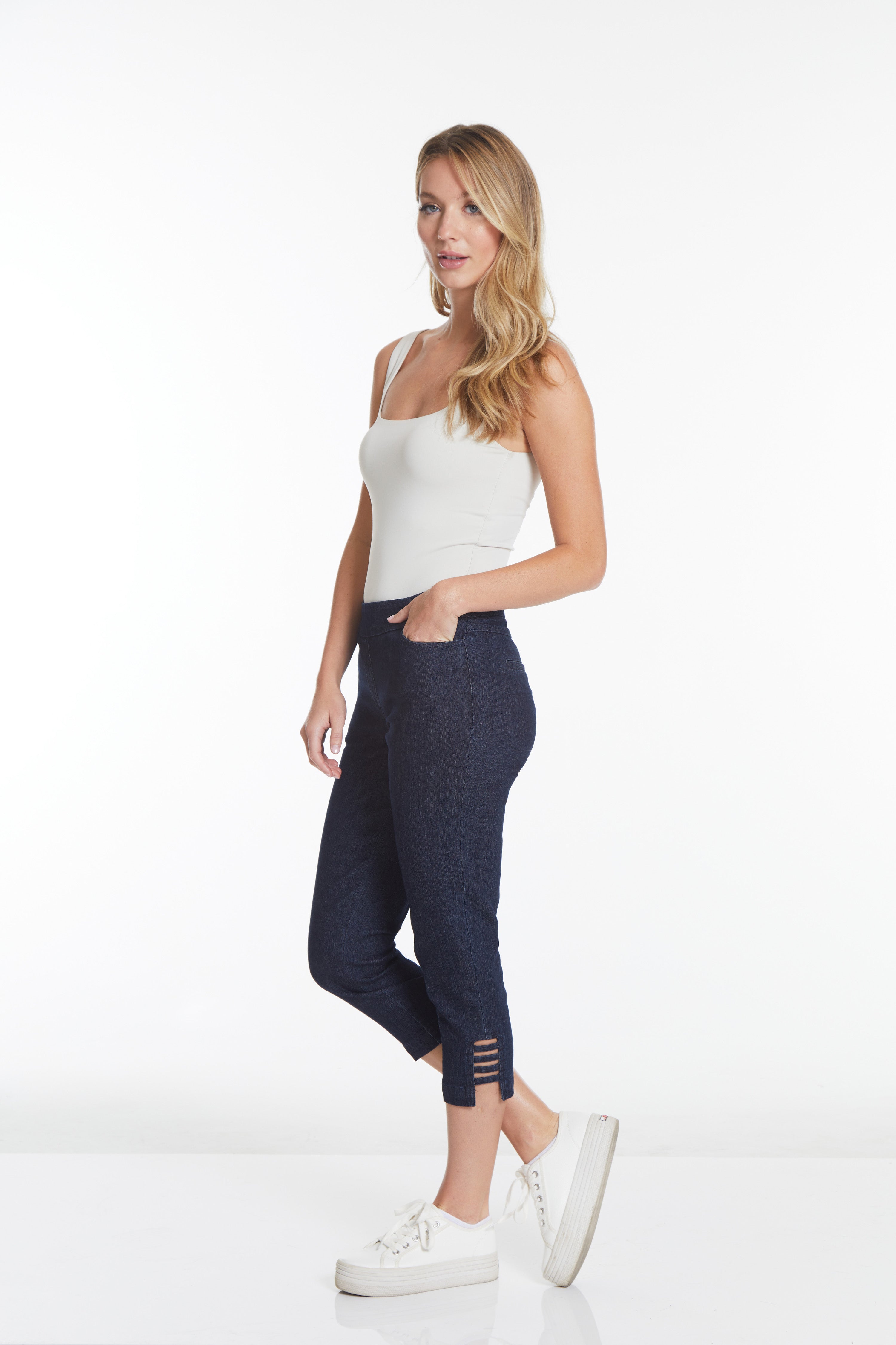 Petite Crop Jean with Real Pockets & Strap Hem Vents - Denim