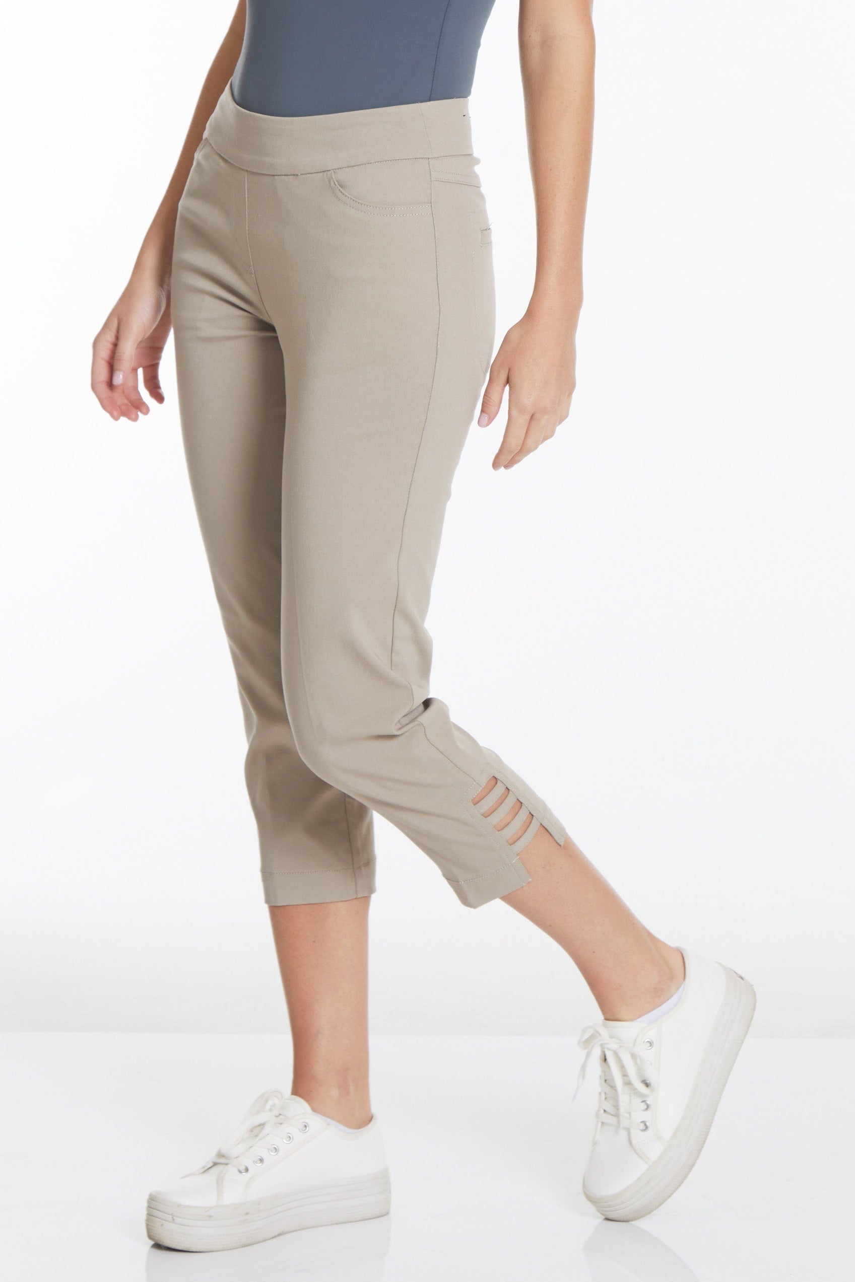 Petite Crop Pant With Real Pockets & Strap Hem Vents - Stone