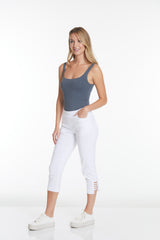 Plus Size White Crop Pants with Pockets & Strap Hem Vents