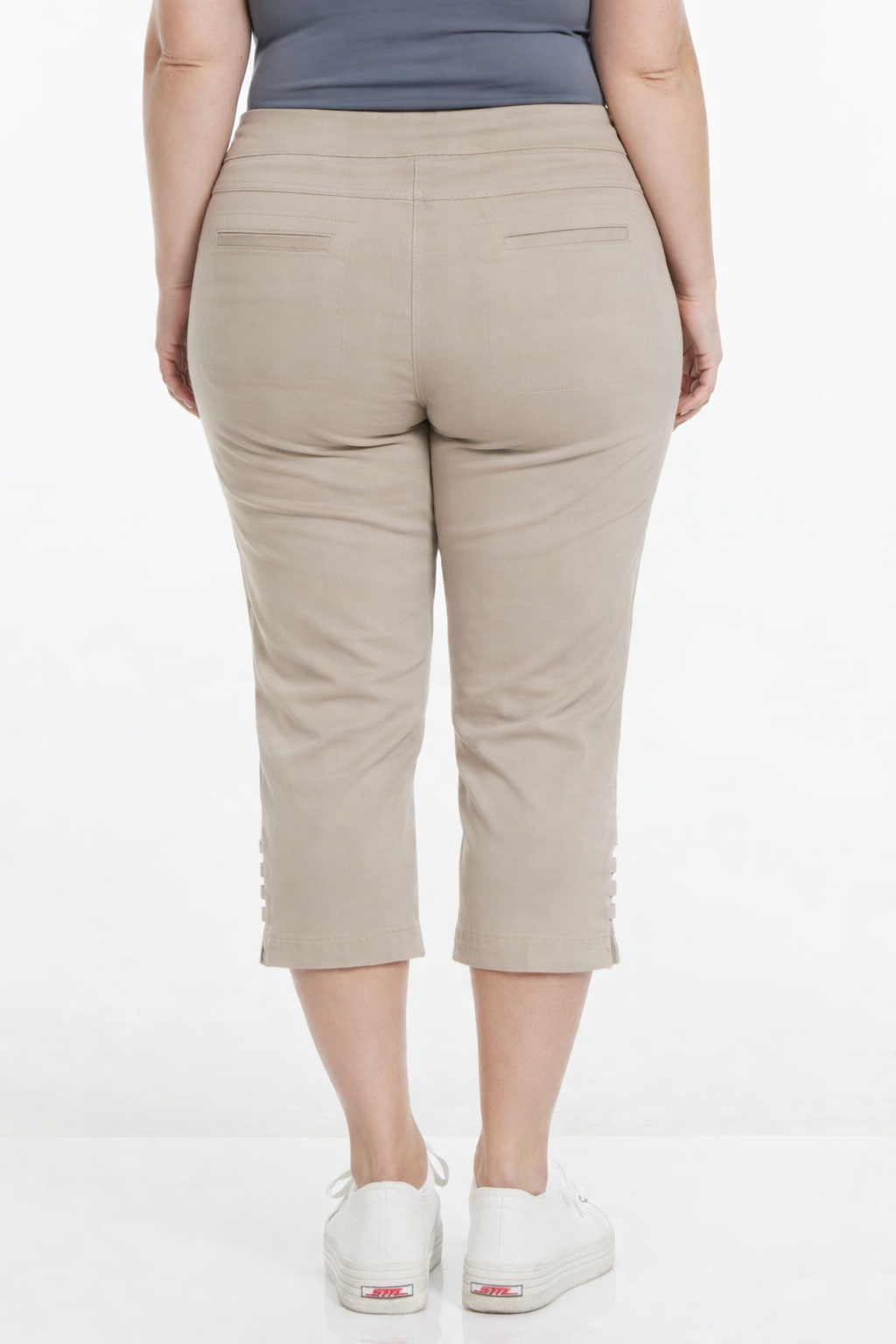 Plus Size Crop Pants with Pockets & Strap Hem Vents - Stone