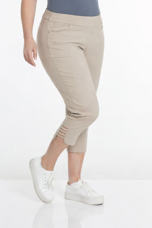 Plus Size Crop Pants with Pockets & Strap Hem Vents - Stone