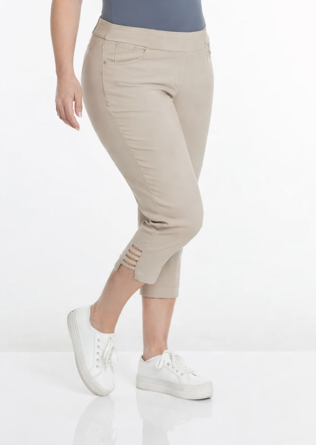 Plus Size Crop Pants with Pockets & Strap Hem Vents - Stone
