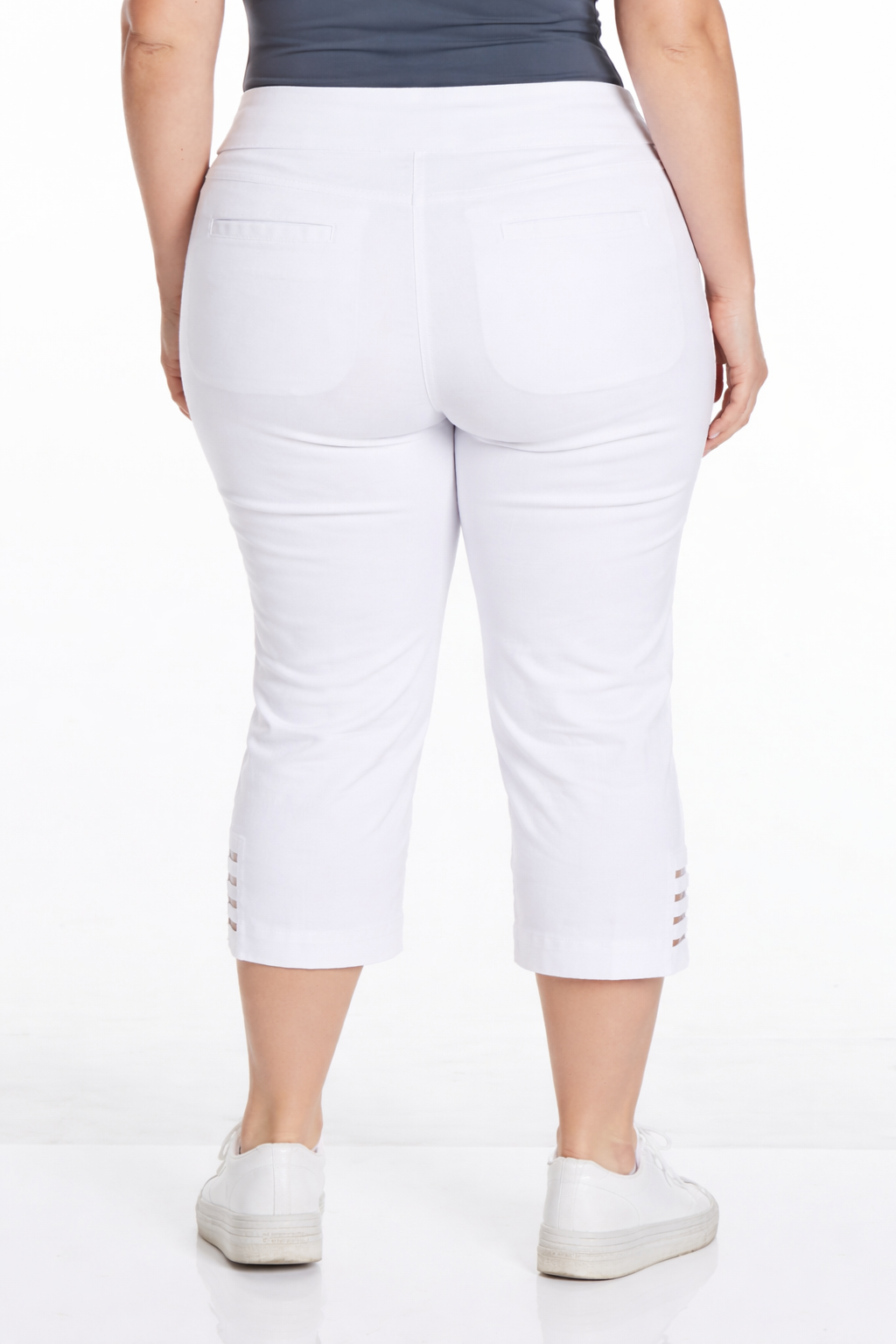 Plus Size White Crop Pants with Pockets & Strap Hem Vents
