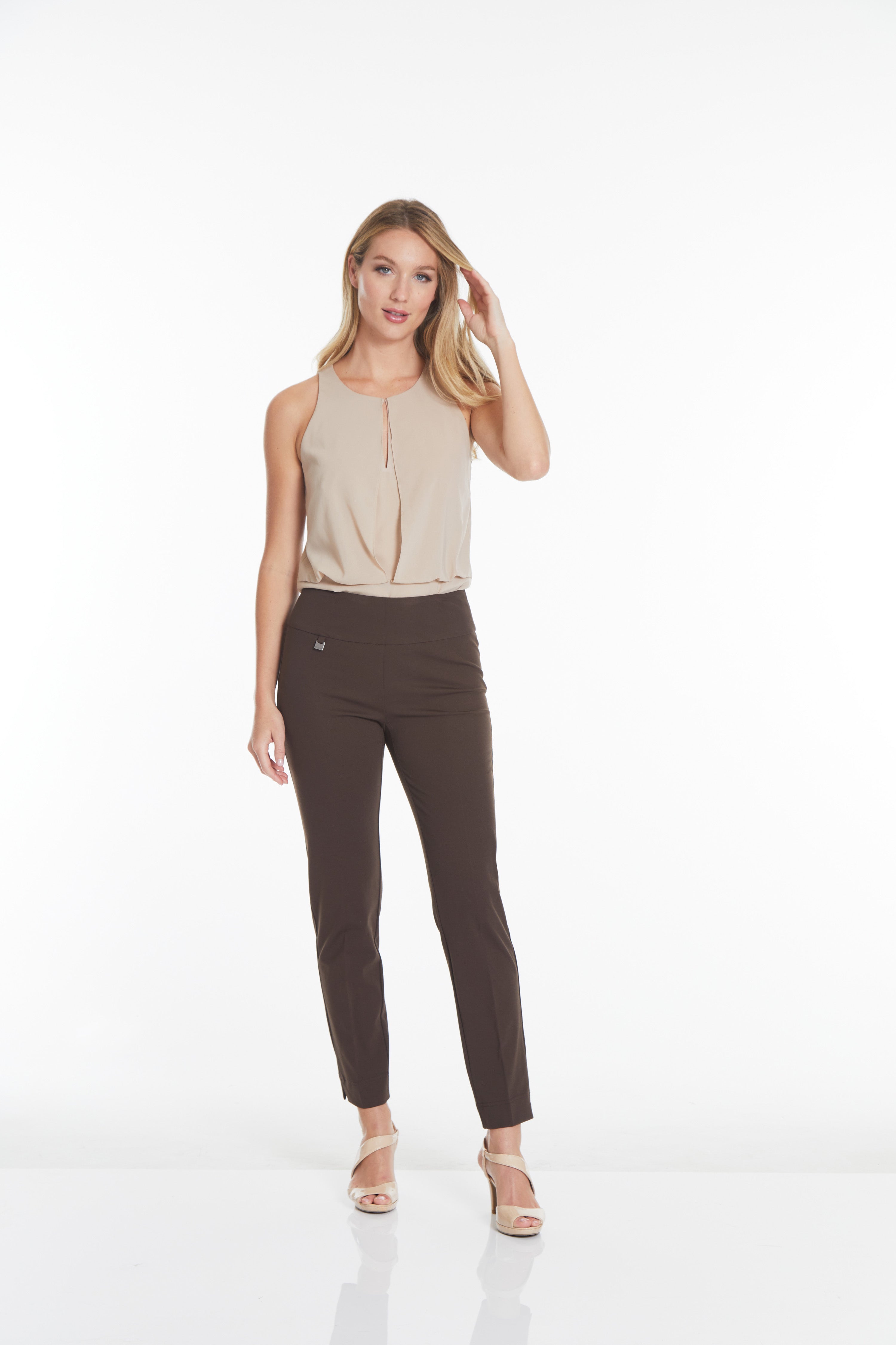 Wide Band Elastic Waist Ankle Pants - Chocolate Brown