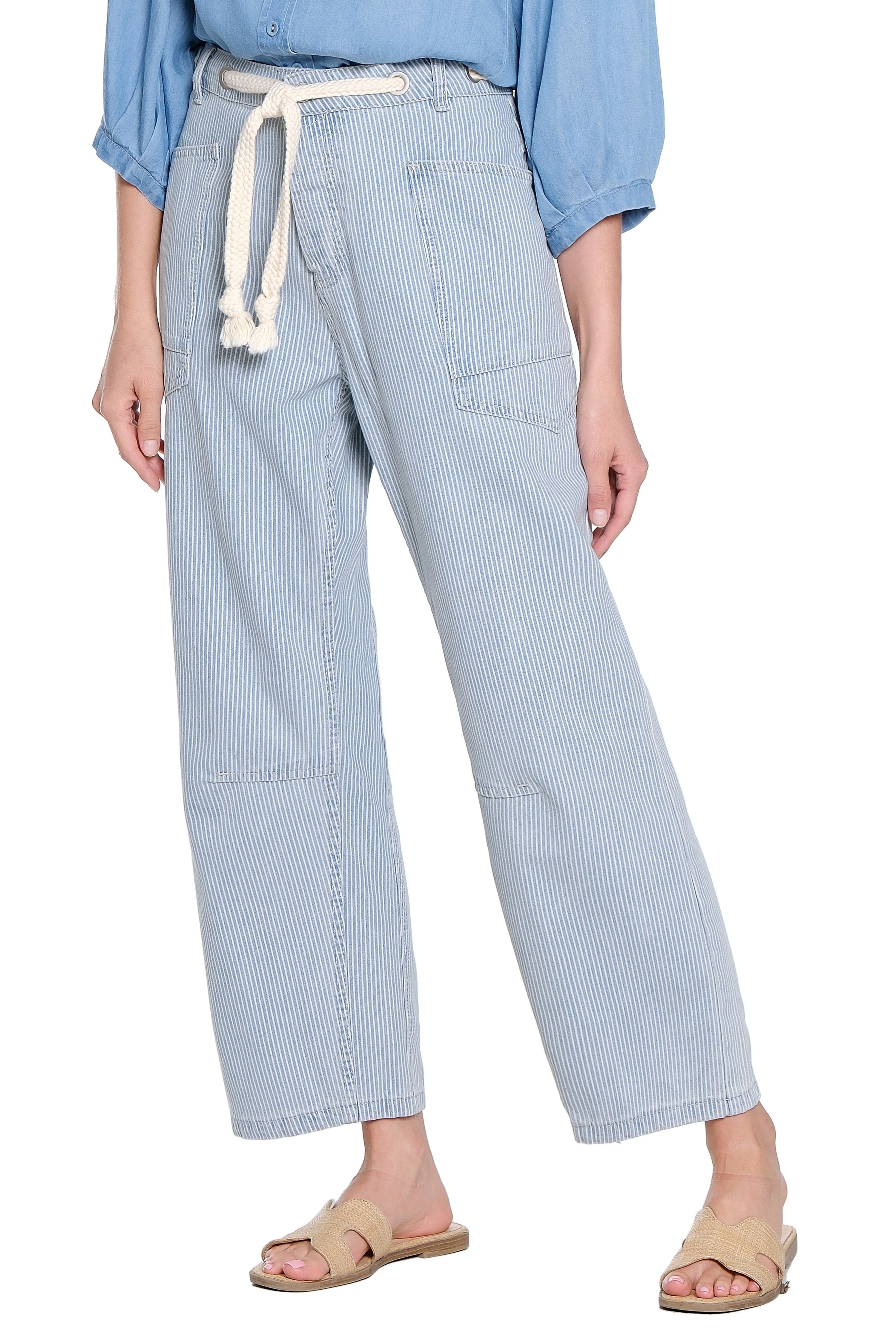 Striped Barrel Leg Pant with Tie Belt - Blue Stripe