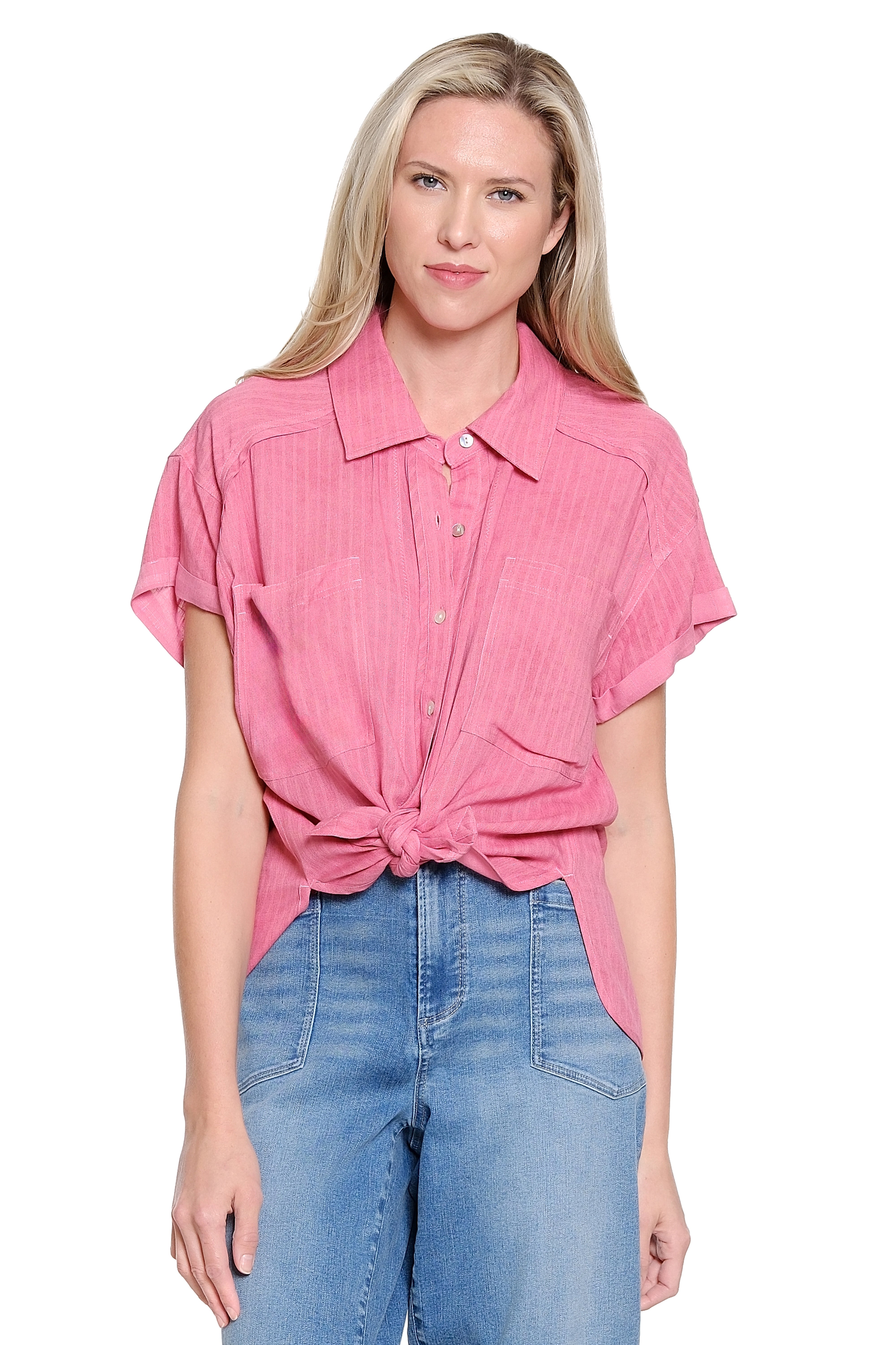 Stripe Button Up Shirt - Dark Coral