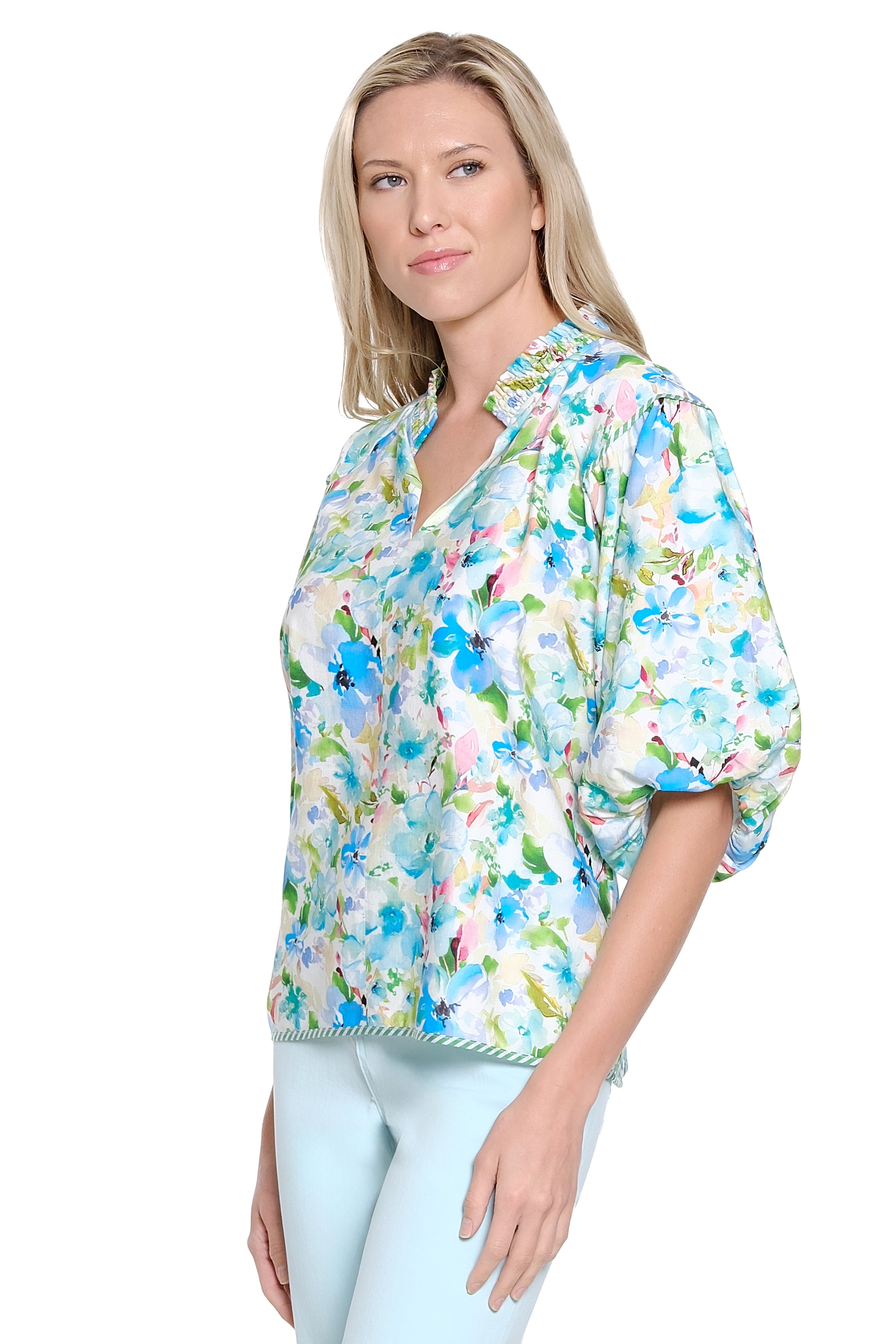 Printed Smocked-Collar Top with Balloon Sleeves - Multi