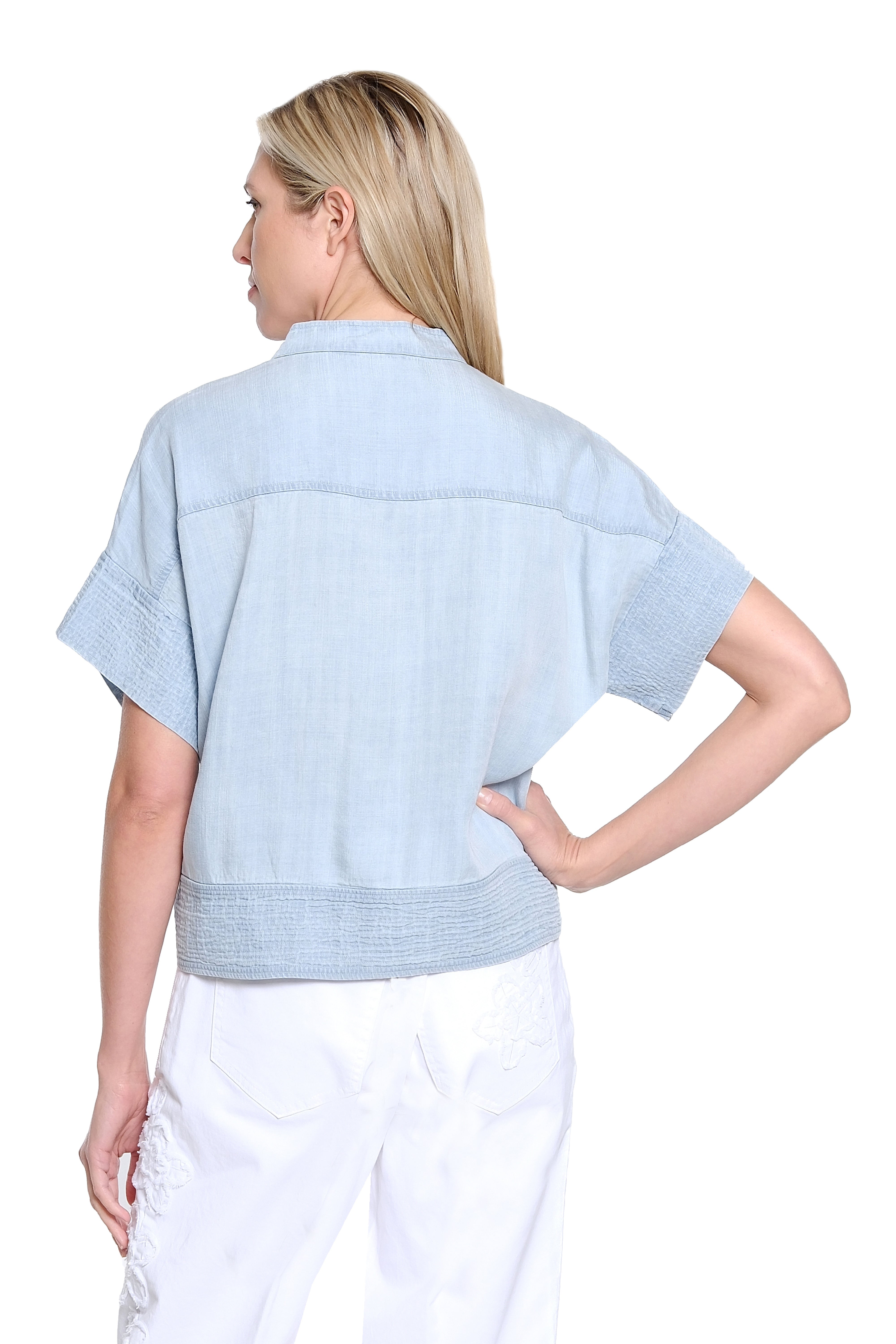 Stand Collar Button Front Lyocell Top - Light Blue