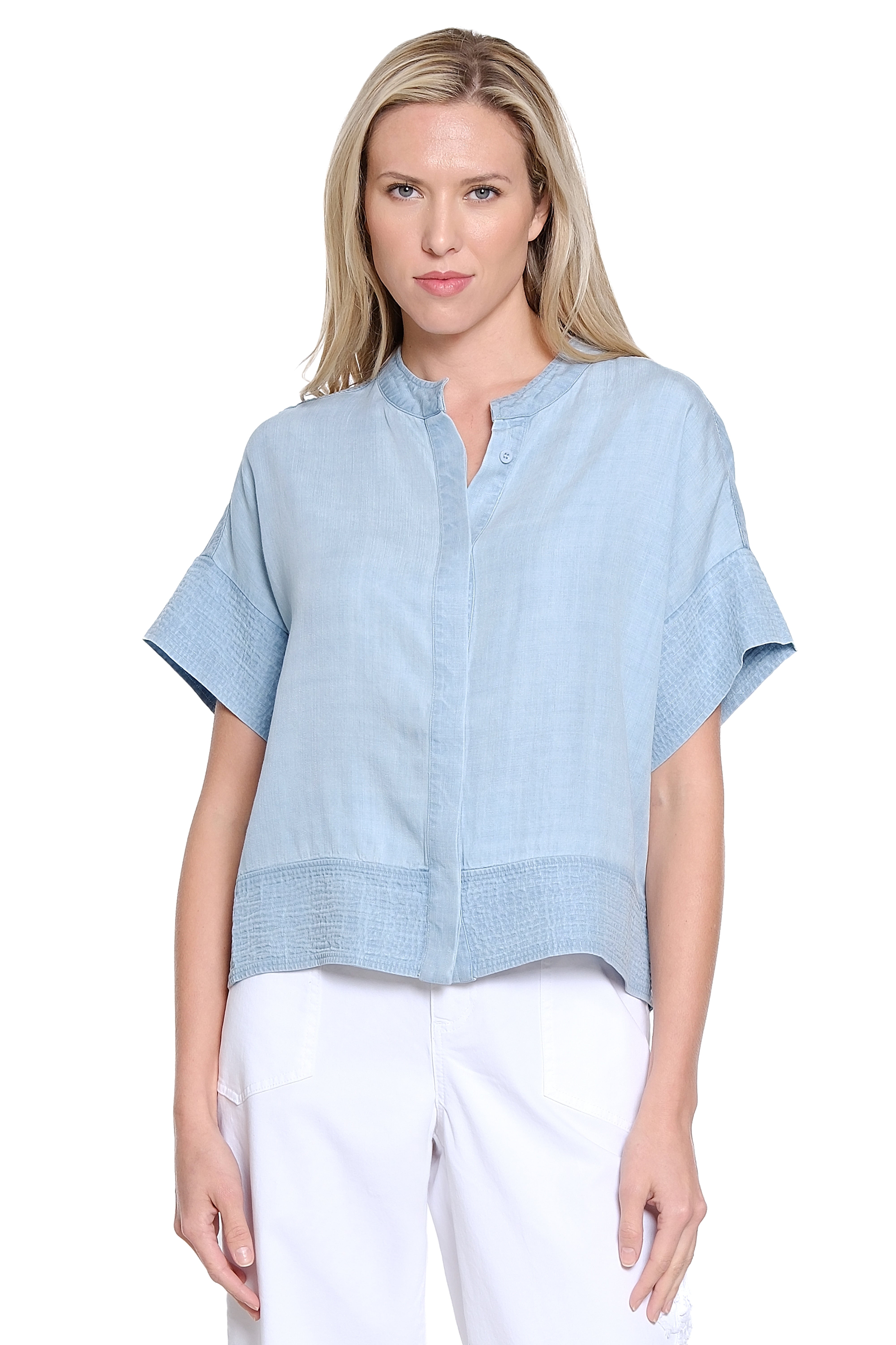 Stand Collar Button Front Lyocell Top - Light Blue