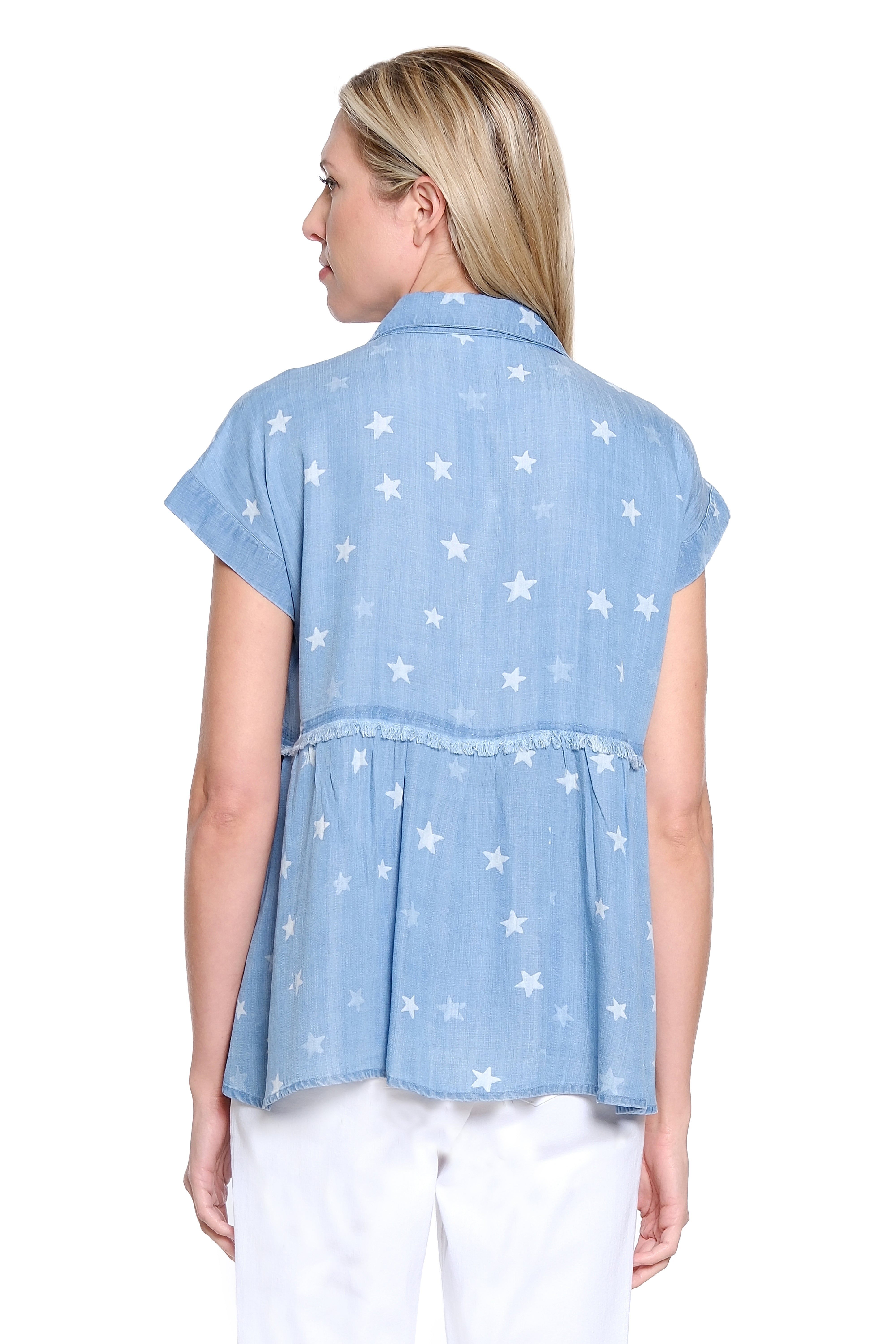 Button Front Print Shirt with Shirred Back Panel - Light Blue