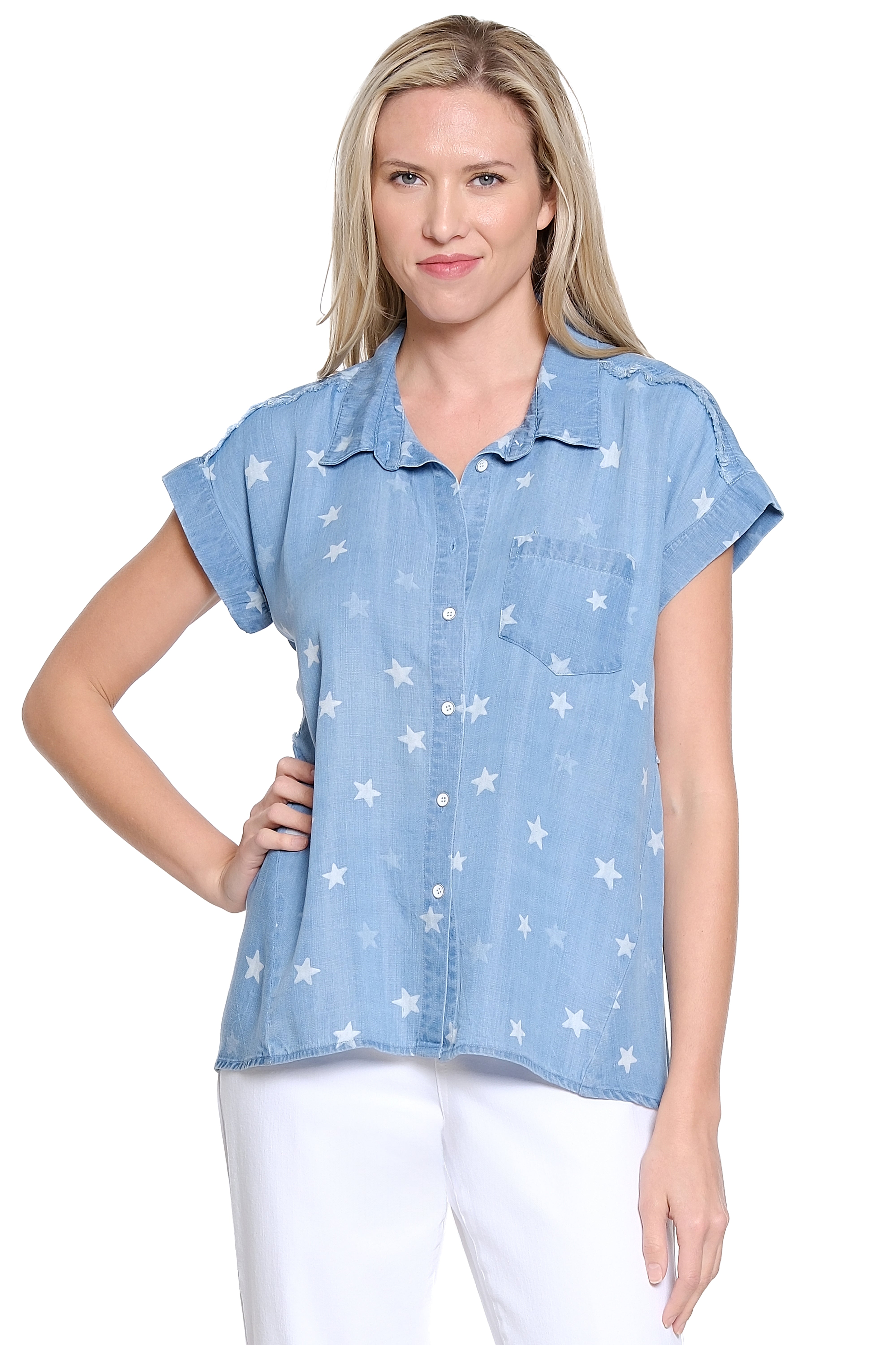 Button Front Print Shirt with Shirred Back Panel - Light Blue