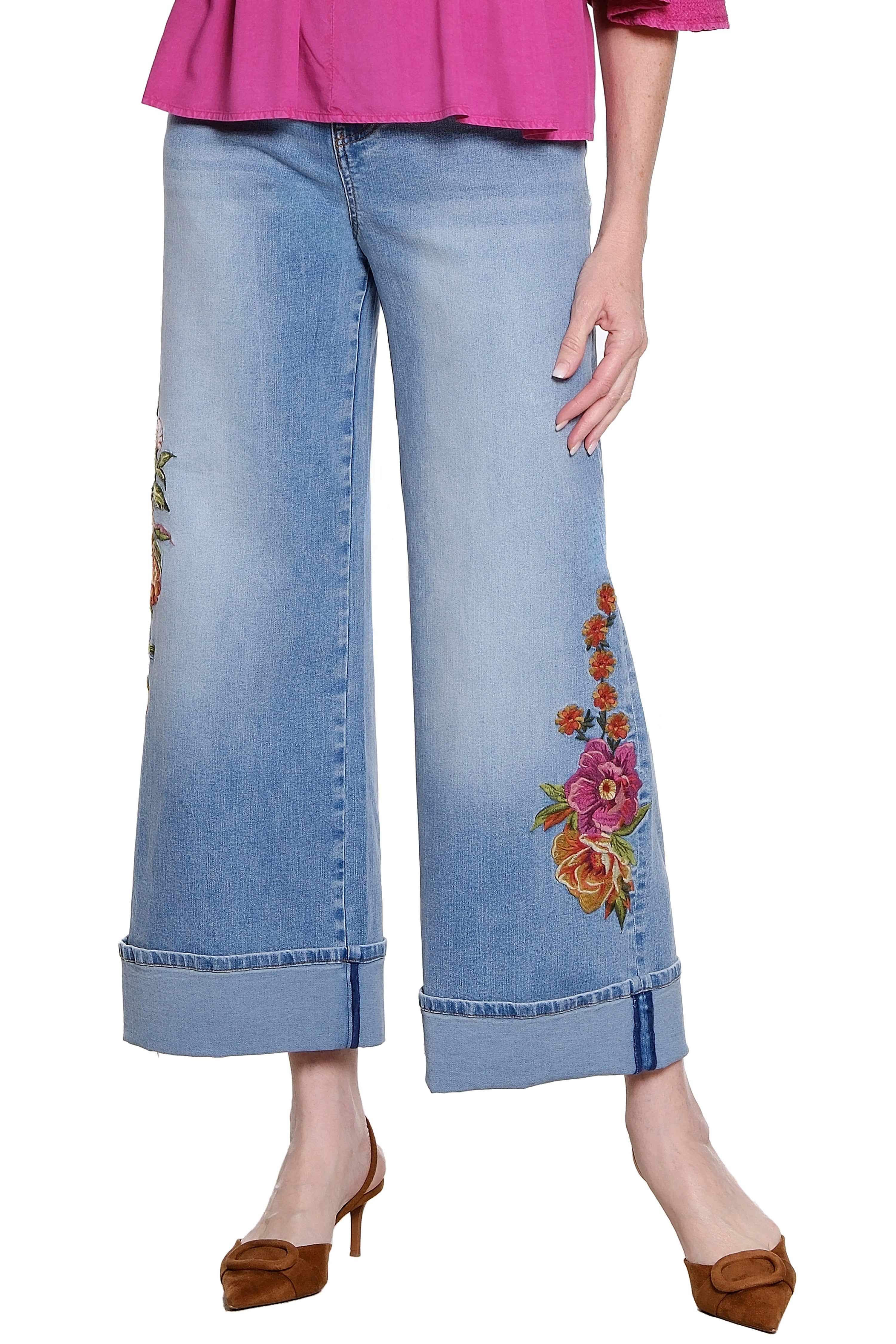 Wide Leg Jean with Embroidery and Foldover Cuff - Light Indigo