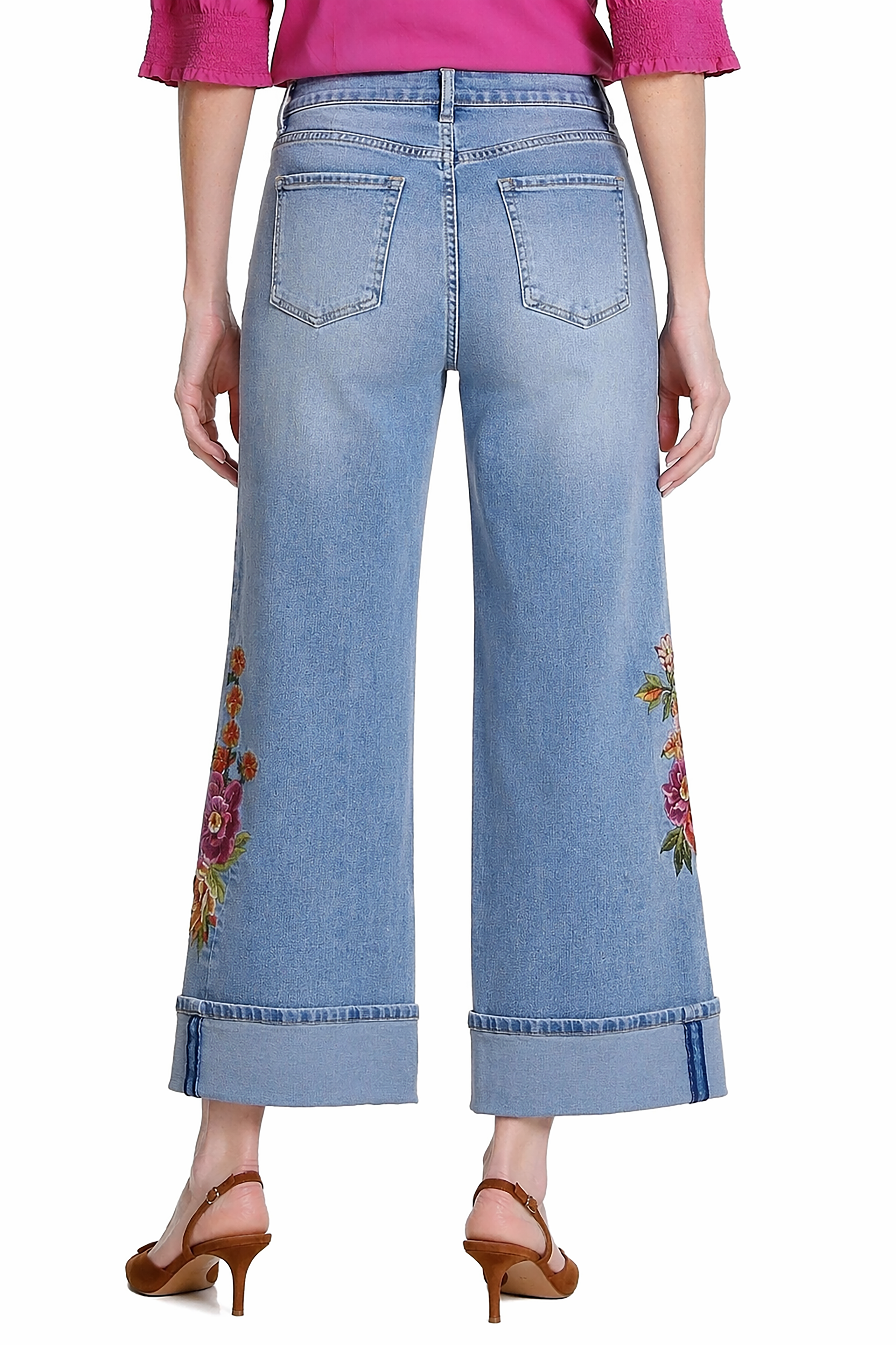 Wide Leg Jean with Embroidery and Foldover Cuff - Light Indigo