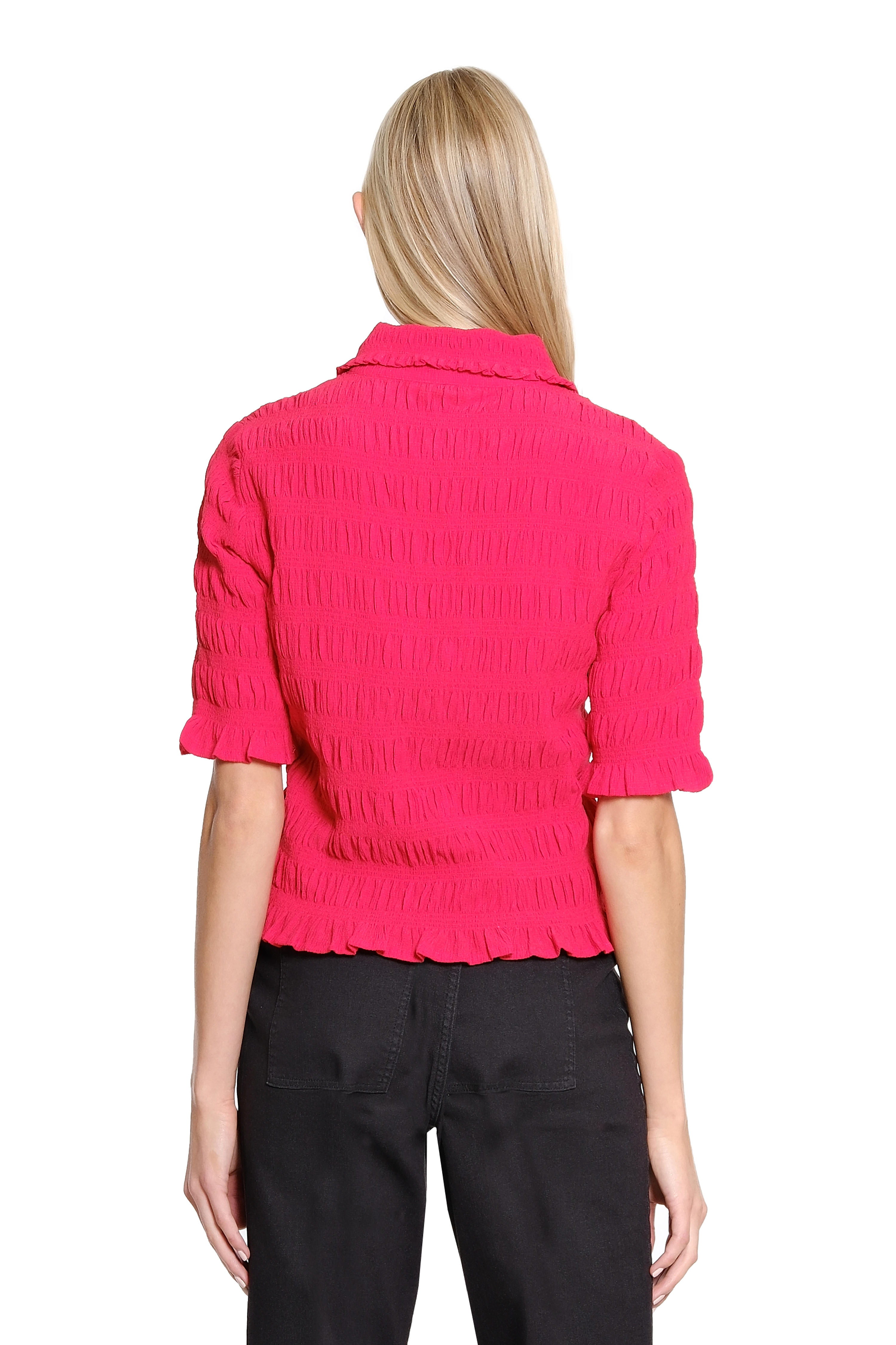 Elbow Sleeve Smocked Button Up Top - Red