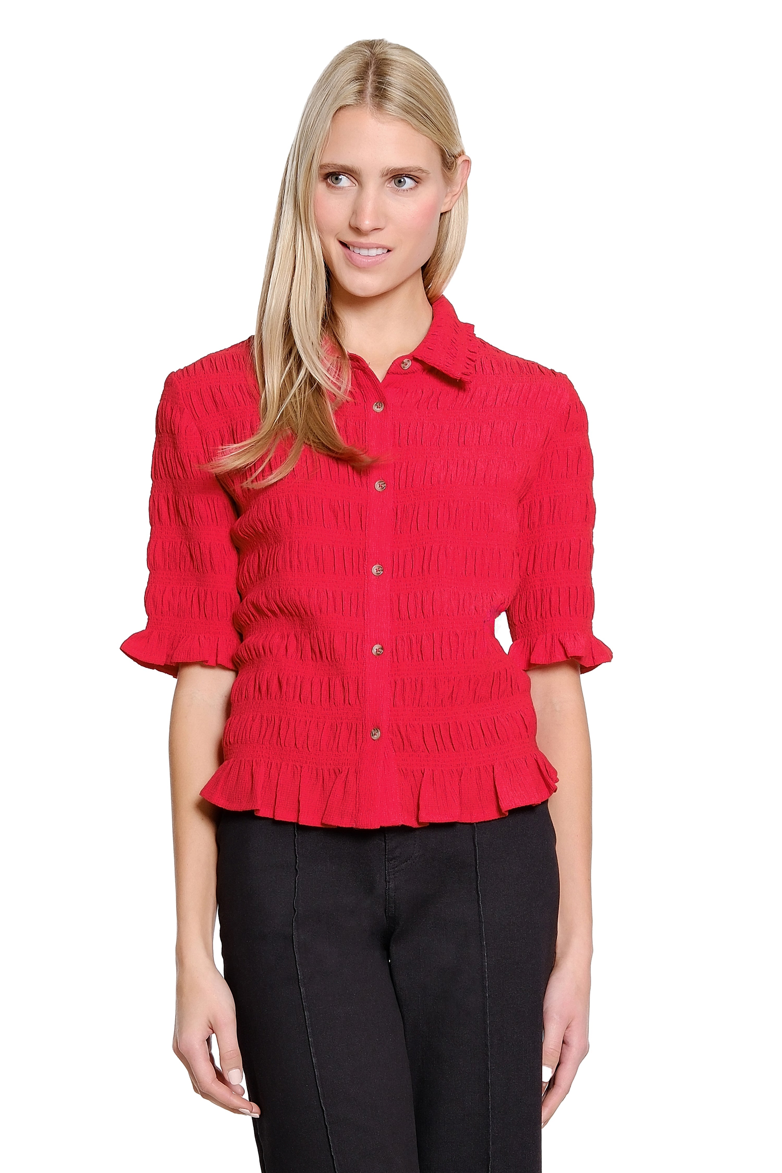 Elbow Sleeve Smocked Button Up Top - Red