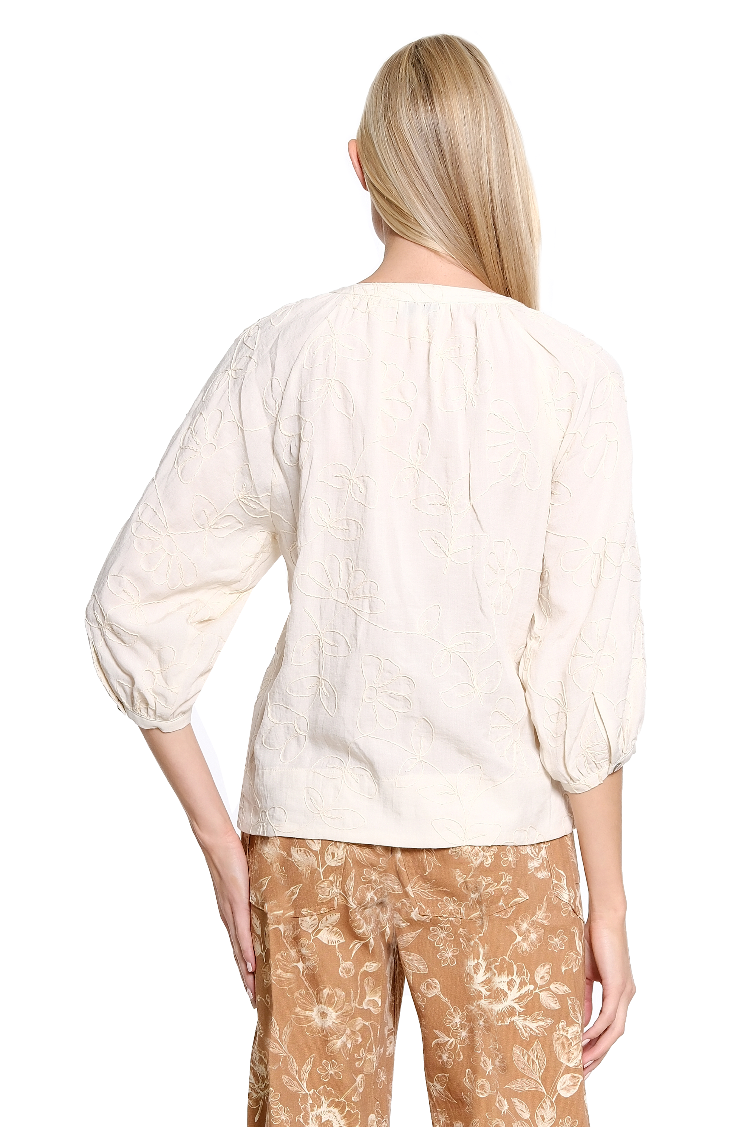 Allover Cord Embroidery Split Neck Popover Top - Natural