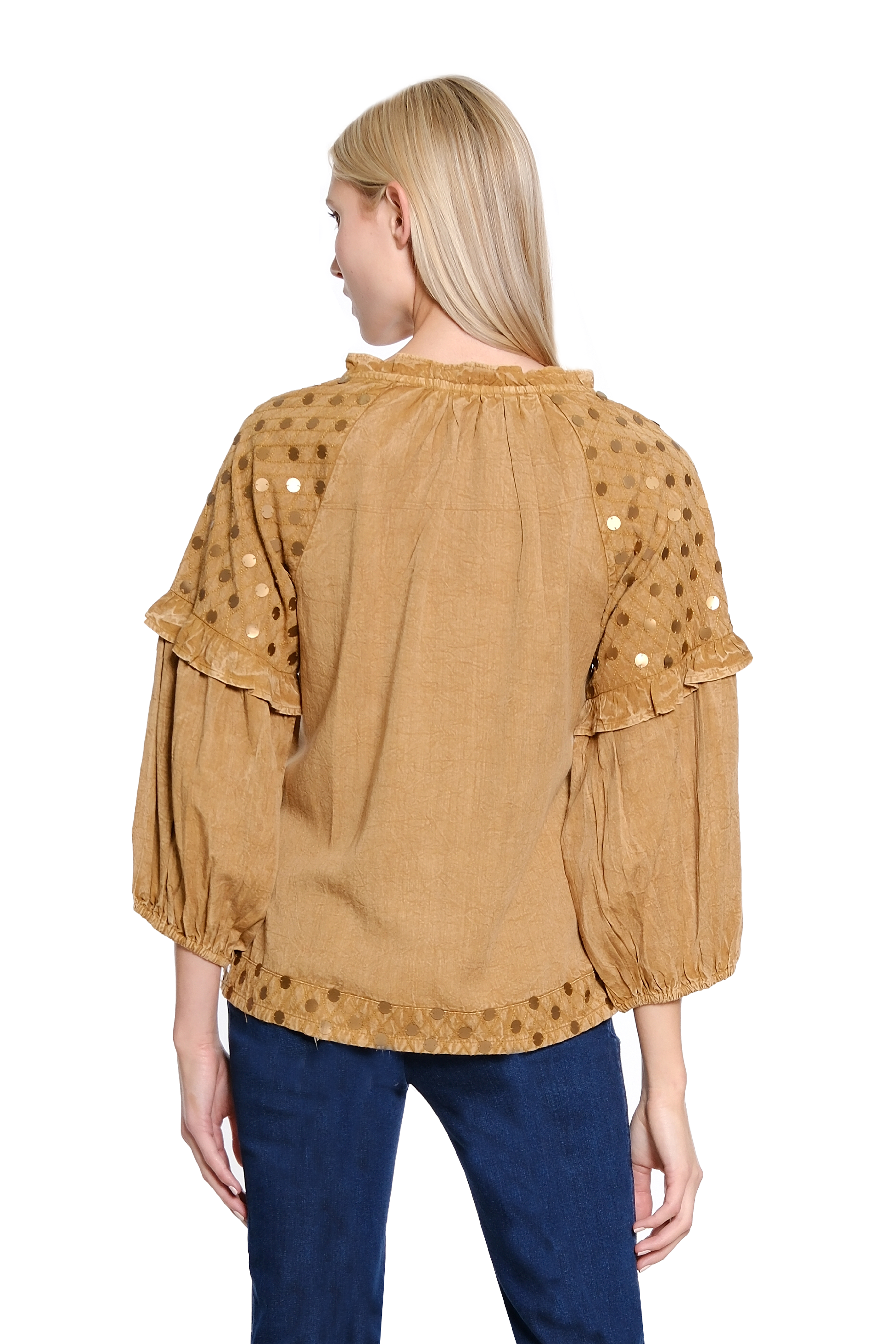 Tie Neck Raglan Sleeve Top - Gold