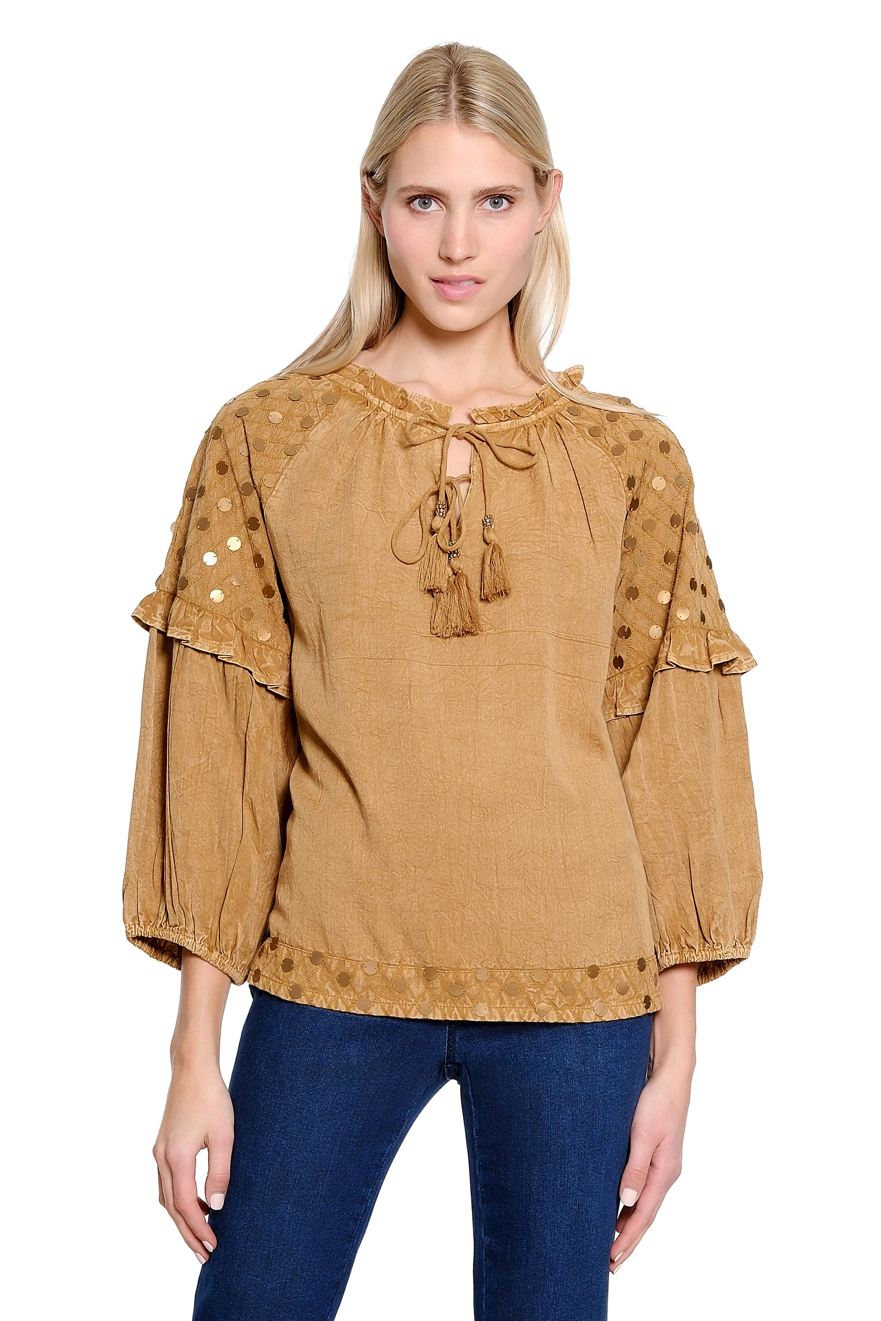 Tie Neck Raglan Sleeve Top - Gold