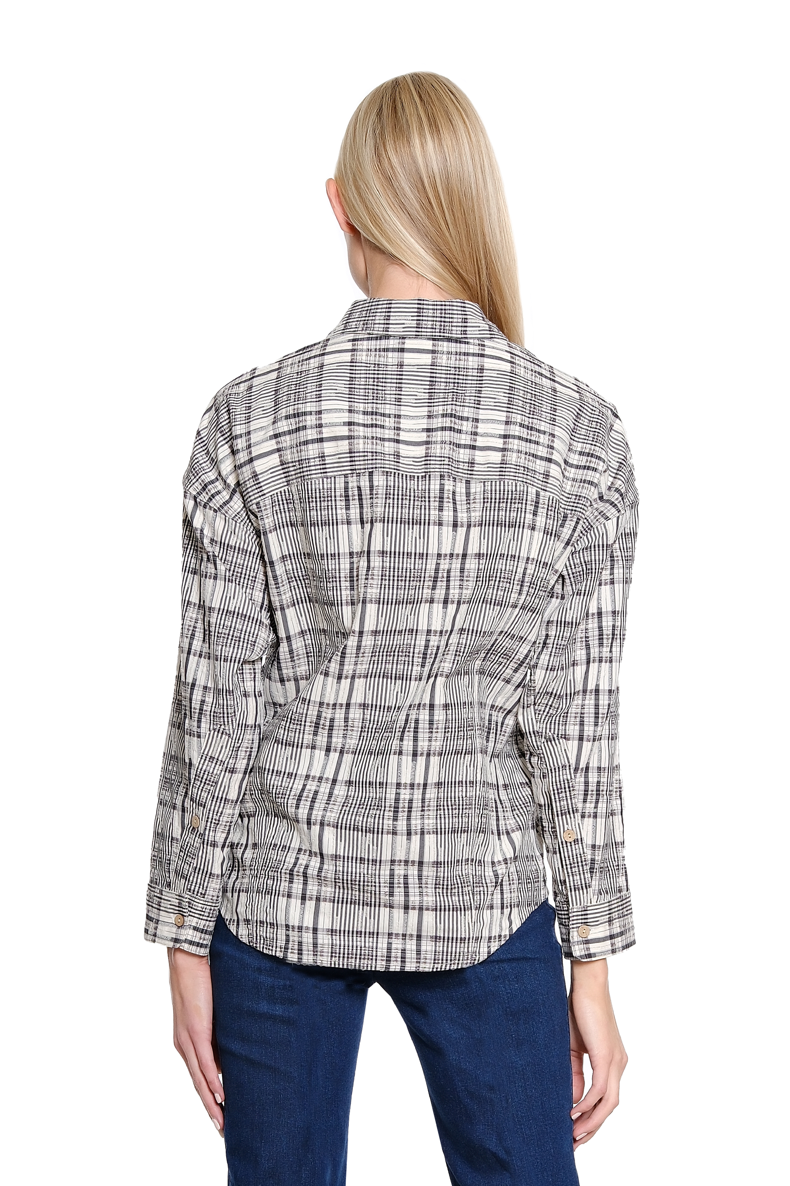 Dolman Sleeve Plaid Button Up - Black/Ivory