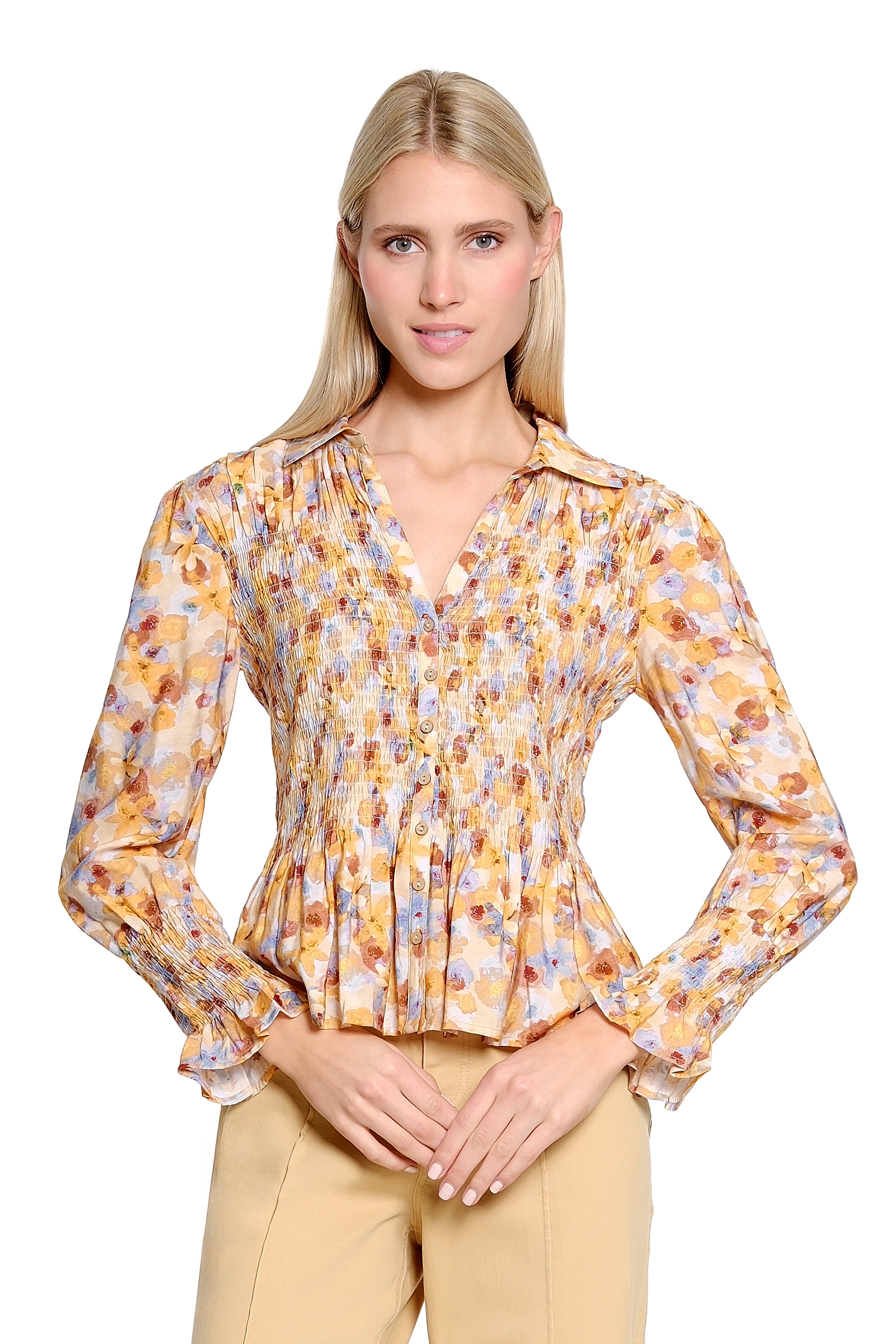 Smocked Button Up with Long Sleeves - Multi
