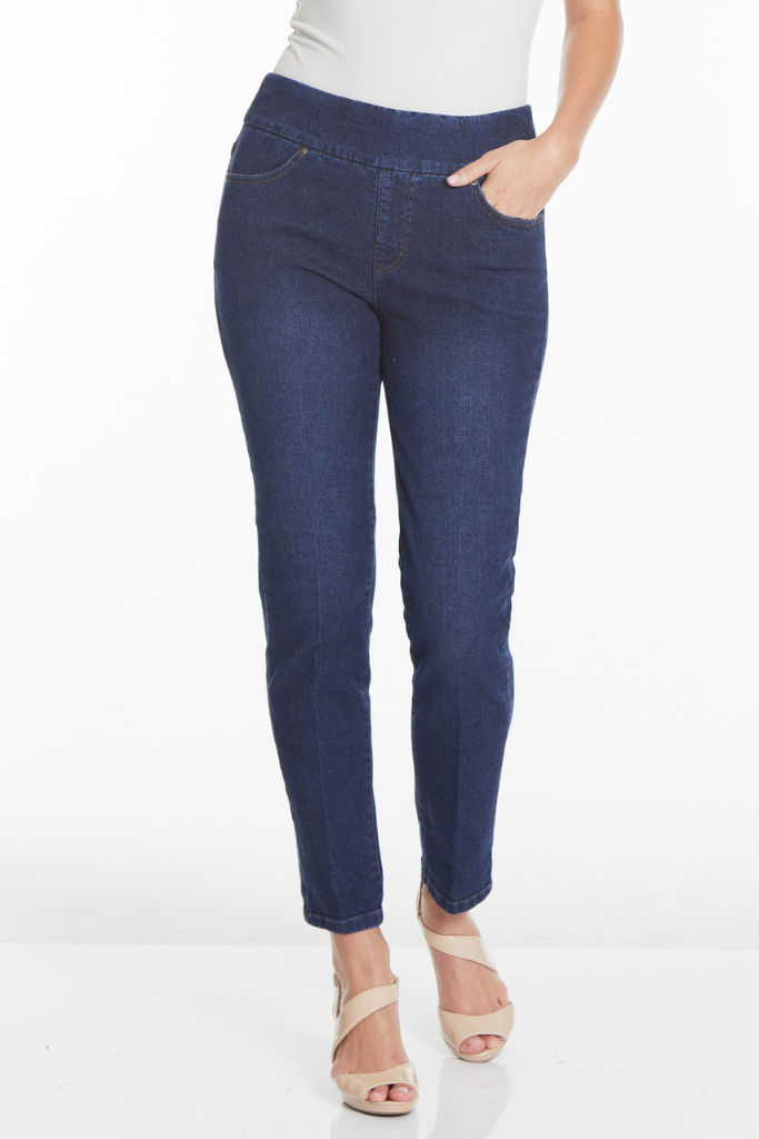 bottom half of model wearing pull-on jeans with a wide waistband and high heel sandals