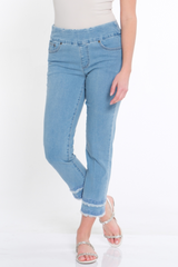 Eyelet & Fringe Hem Denim Ankle Jean - Light Indigo