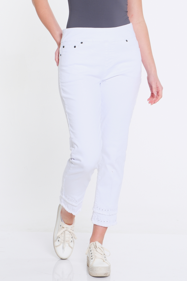 Eyelet & Fringe Hem Denim Ankle Jean - White