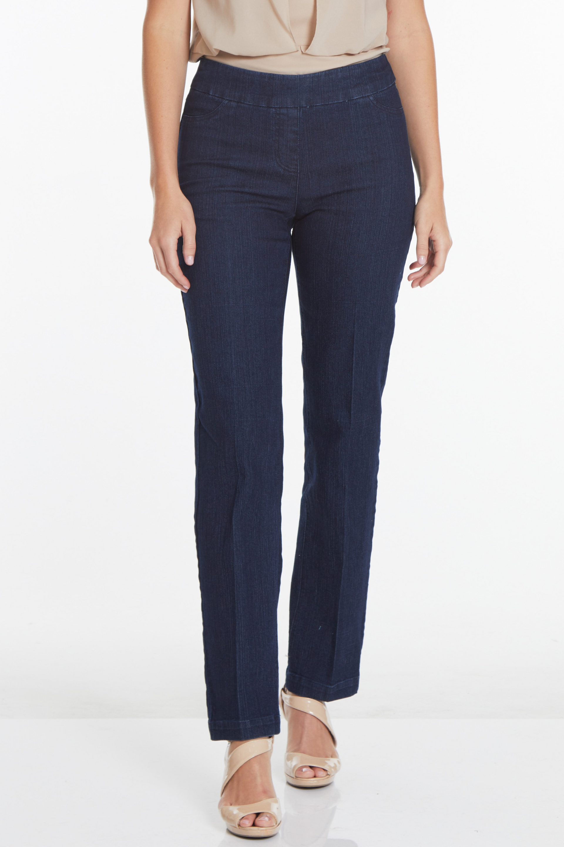 Pull-On Solid Relaxed Leg Jeans With Faux Front Pockets - Denim