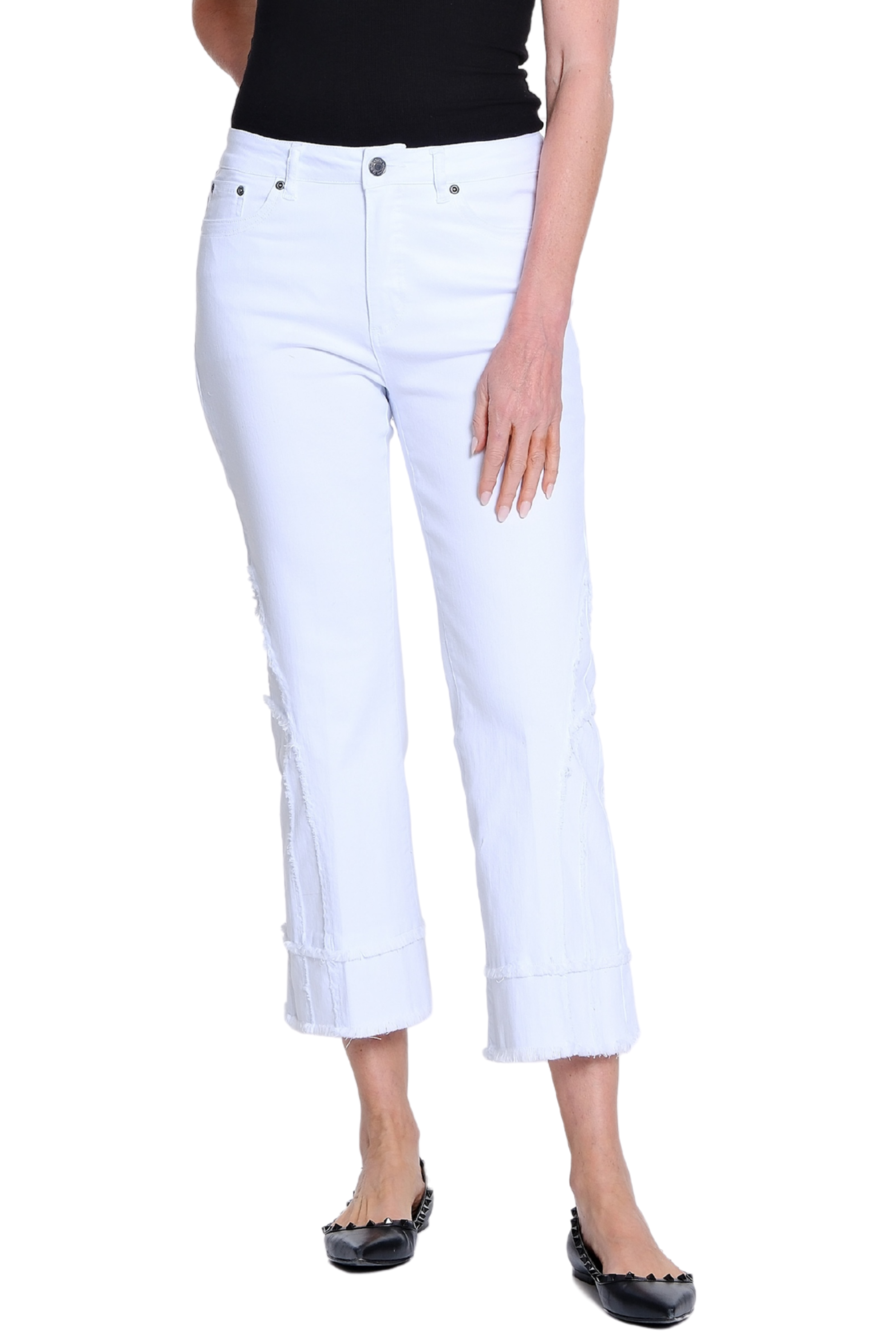 Flare Leg Crop Pant with Fringed Trim - White