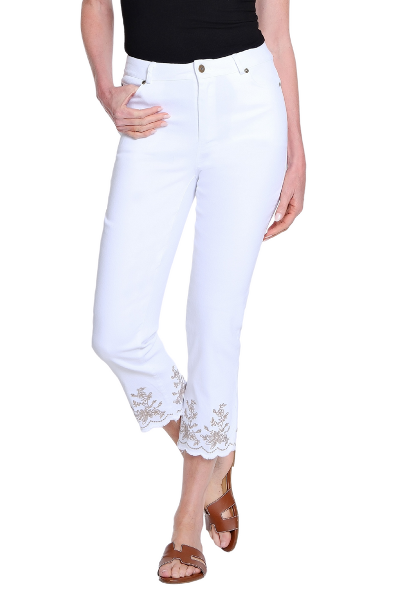 Embroidered Fringe Hem Crop Jean - White