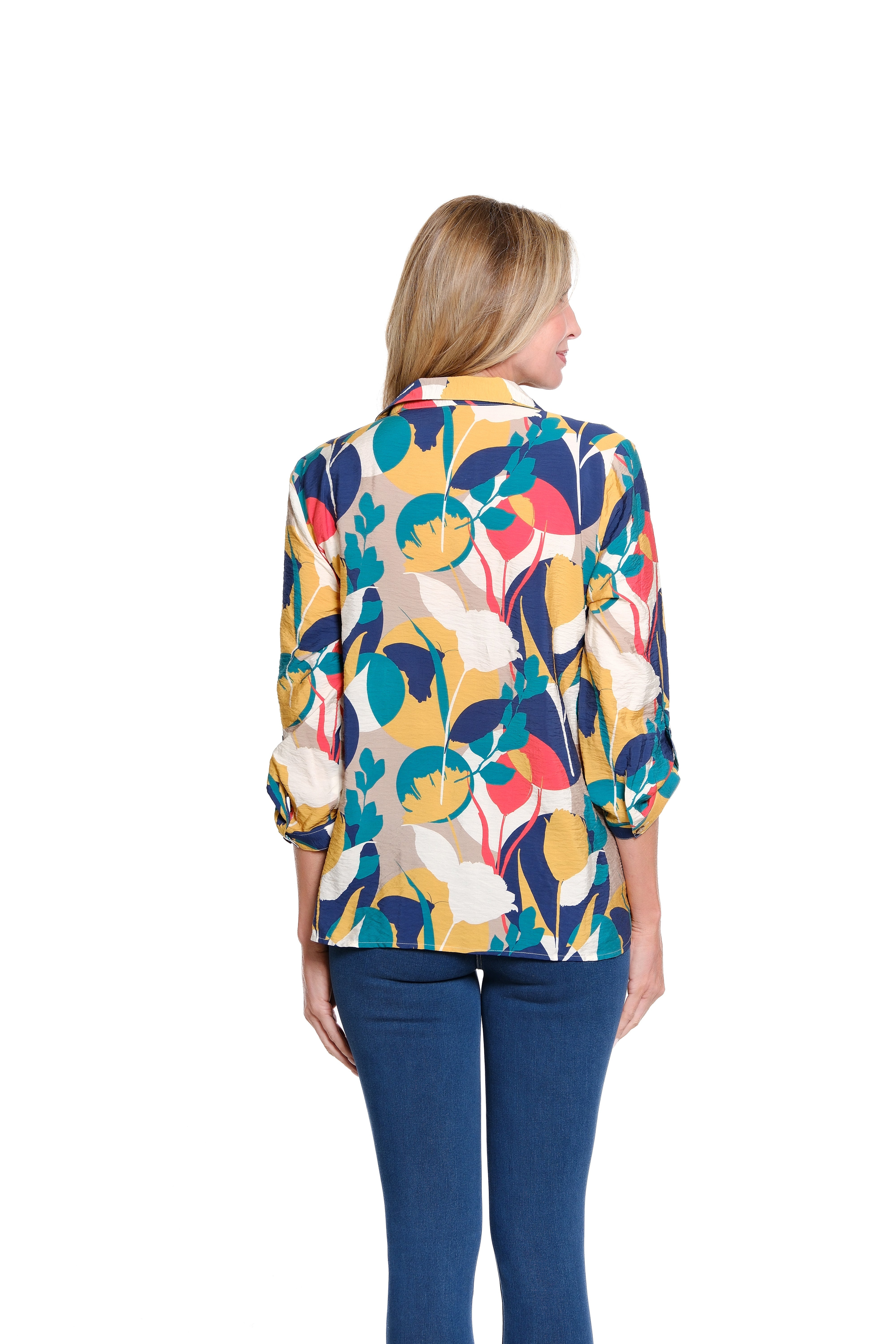 Cinched Tab Cuffed 3/4 Sleeve Multi-Tuck Button Front Crinkle Woven Shirt - Circle Multi - view 2