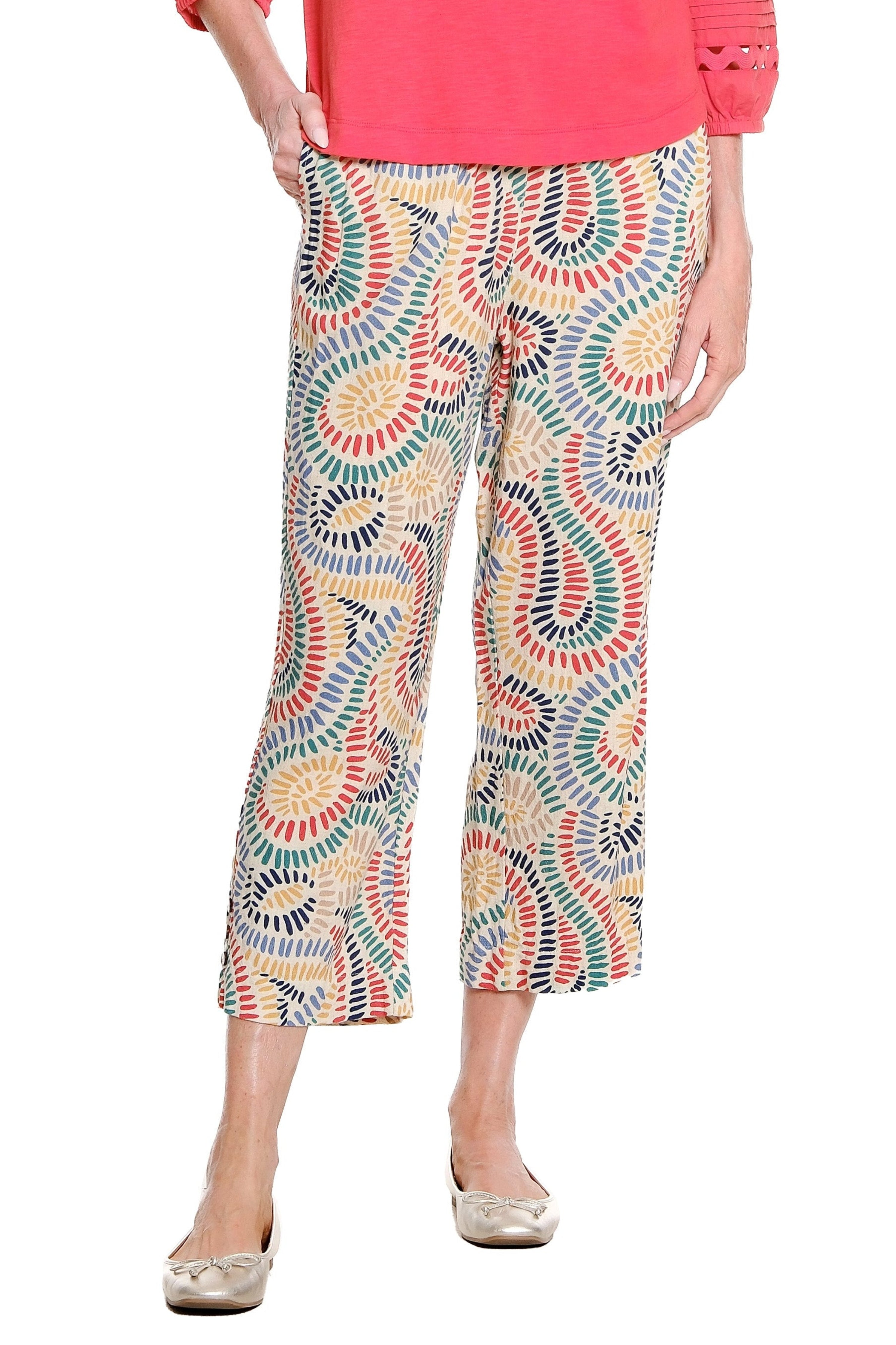 Multi-Needle Elastic Shirred Waist Pullover Crop Woven Pant - Multi