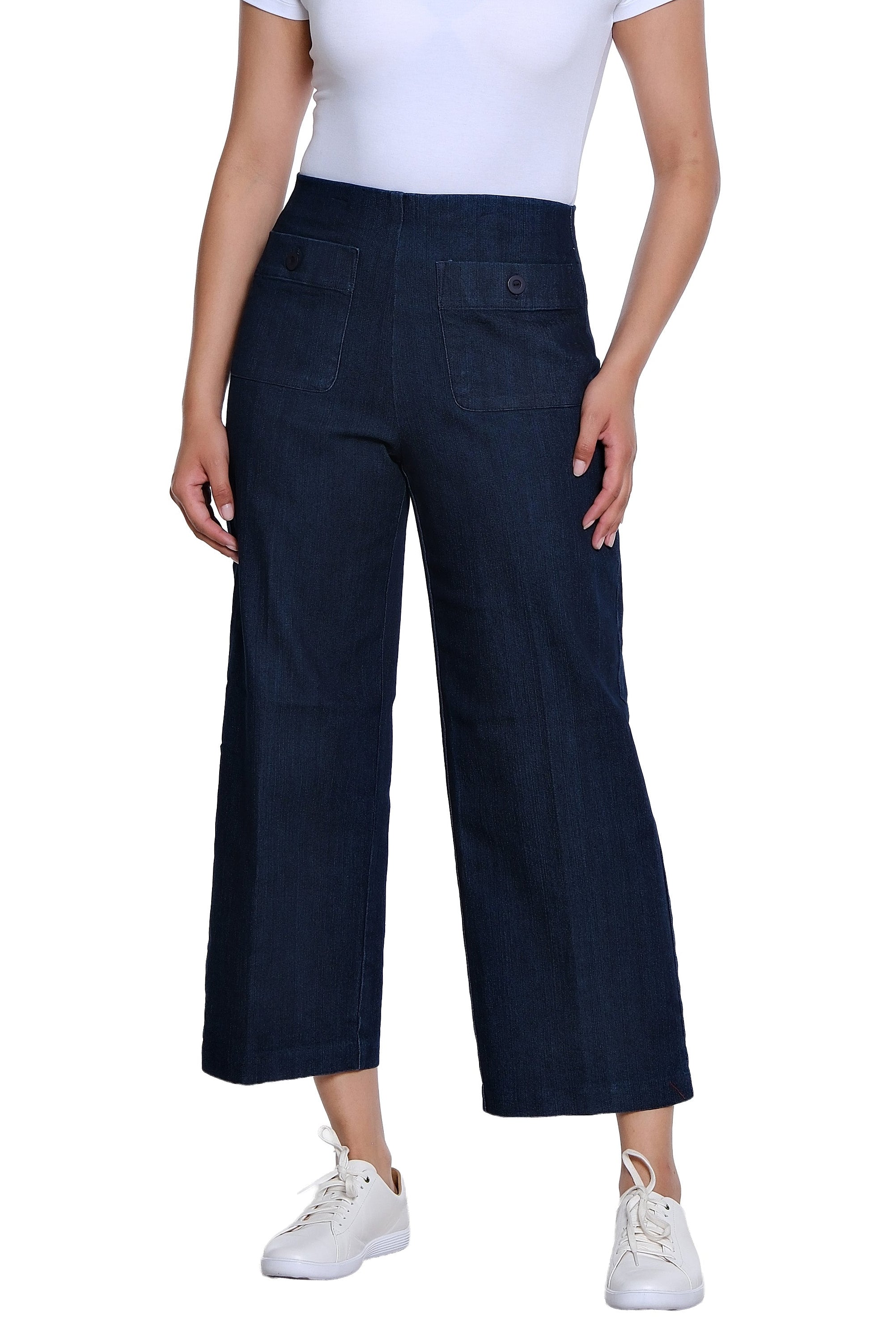 Elastic No Waist Front Patch Pocket Pull On Wide Leg Woven Crop Pant - Denim