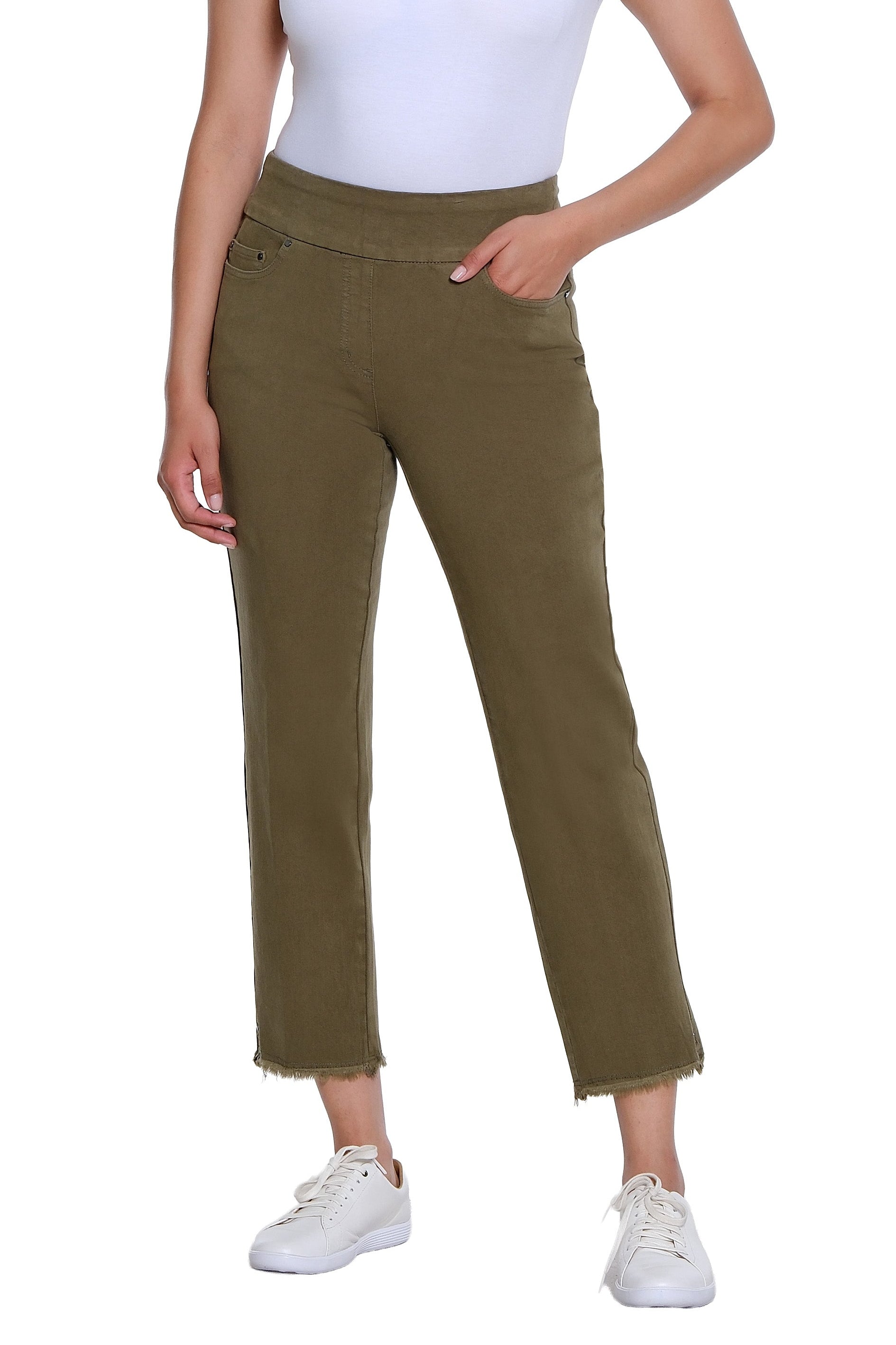 Pull On 5-Pocket Fringe Hem Woven Ankle Pant - Olive
