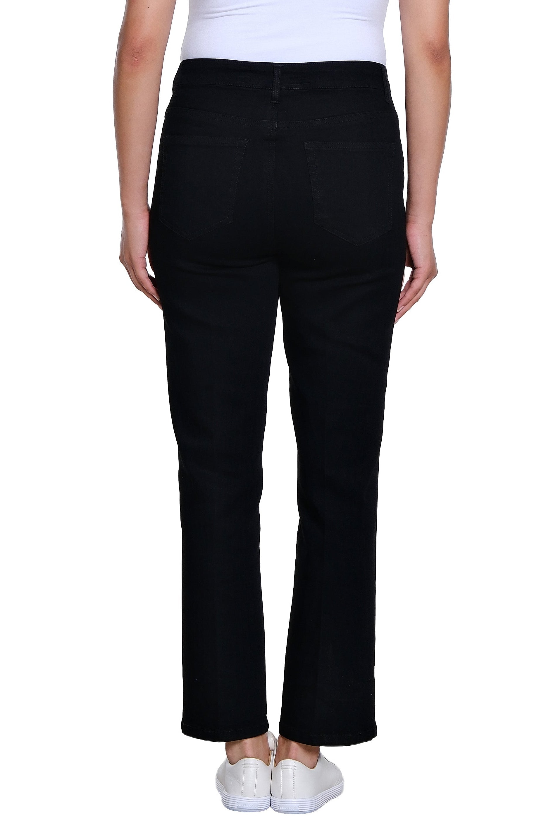 Zip and Button Front 5-Pocket Boot Cut Woven Jean Ankle Pant - Black Denim - view 2