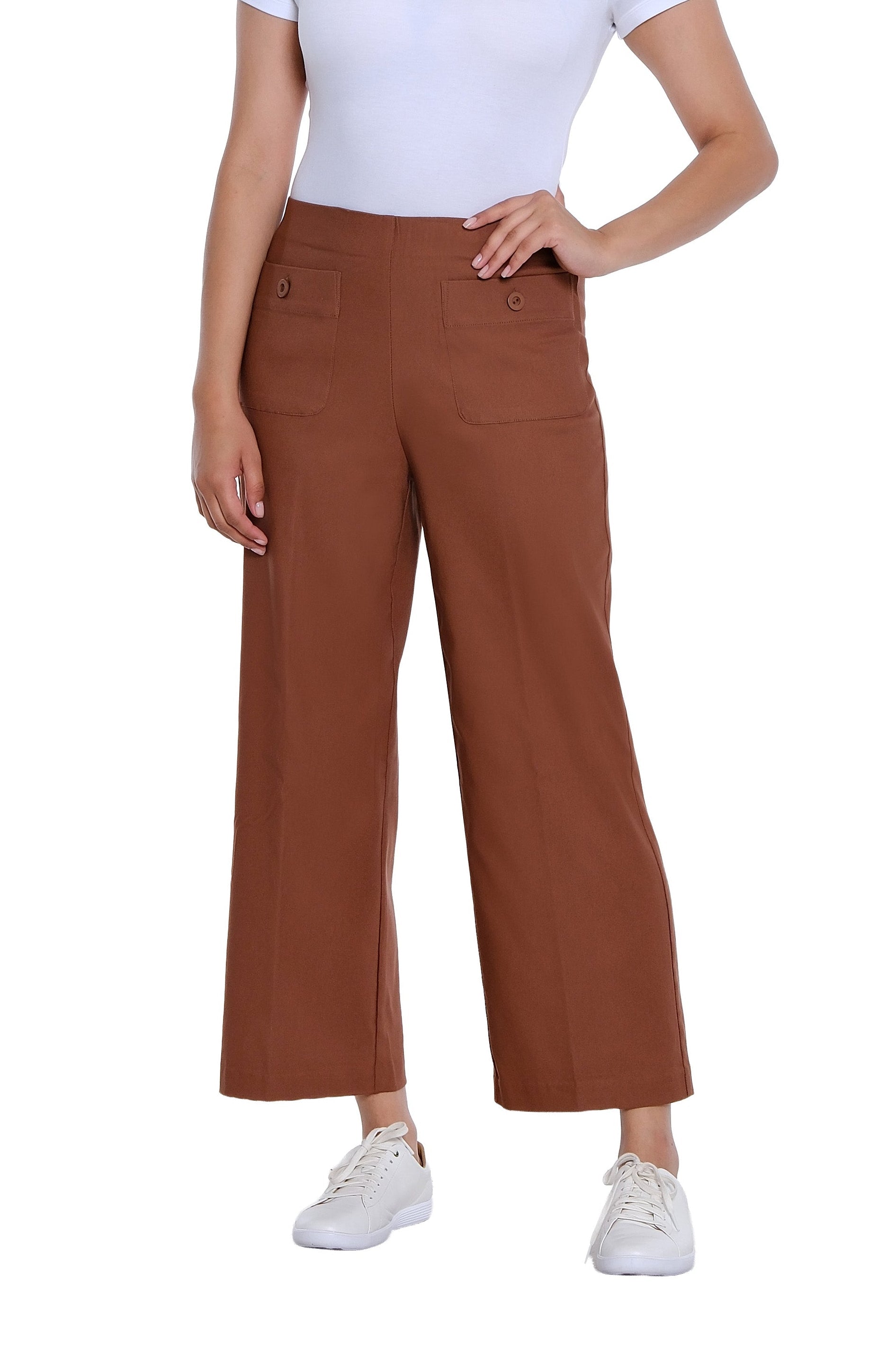 Elastic No Waist Front Patch Pocket Pull On Wide Leg Woven Crop Pant - Cocoa