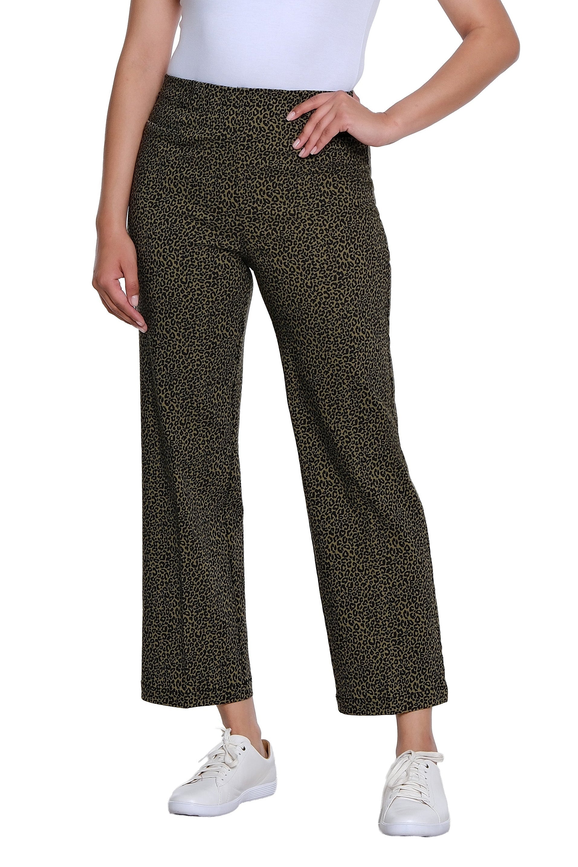 Side Elastic Waist Faux Welt Pocket Wide Leg Woven Ankle Pant - Black Print