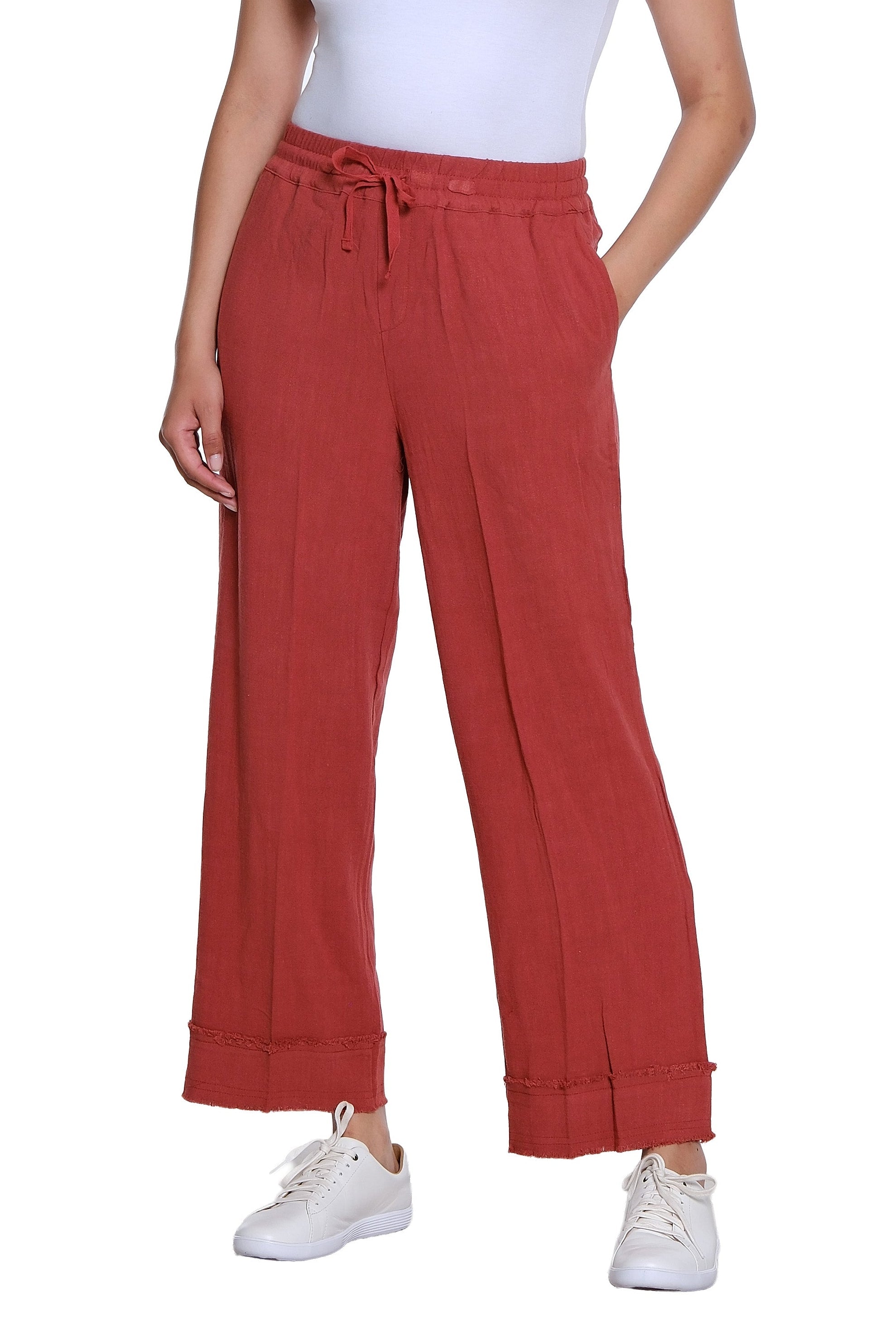 Drawstring Elastic Waist Pull On Woven Crop Pant with Fringe Hem Trim - Brick