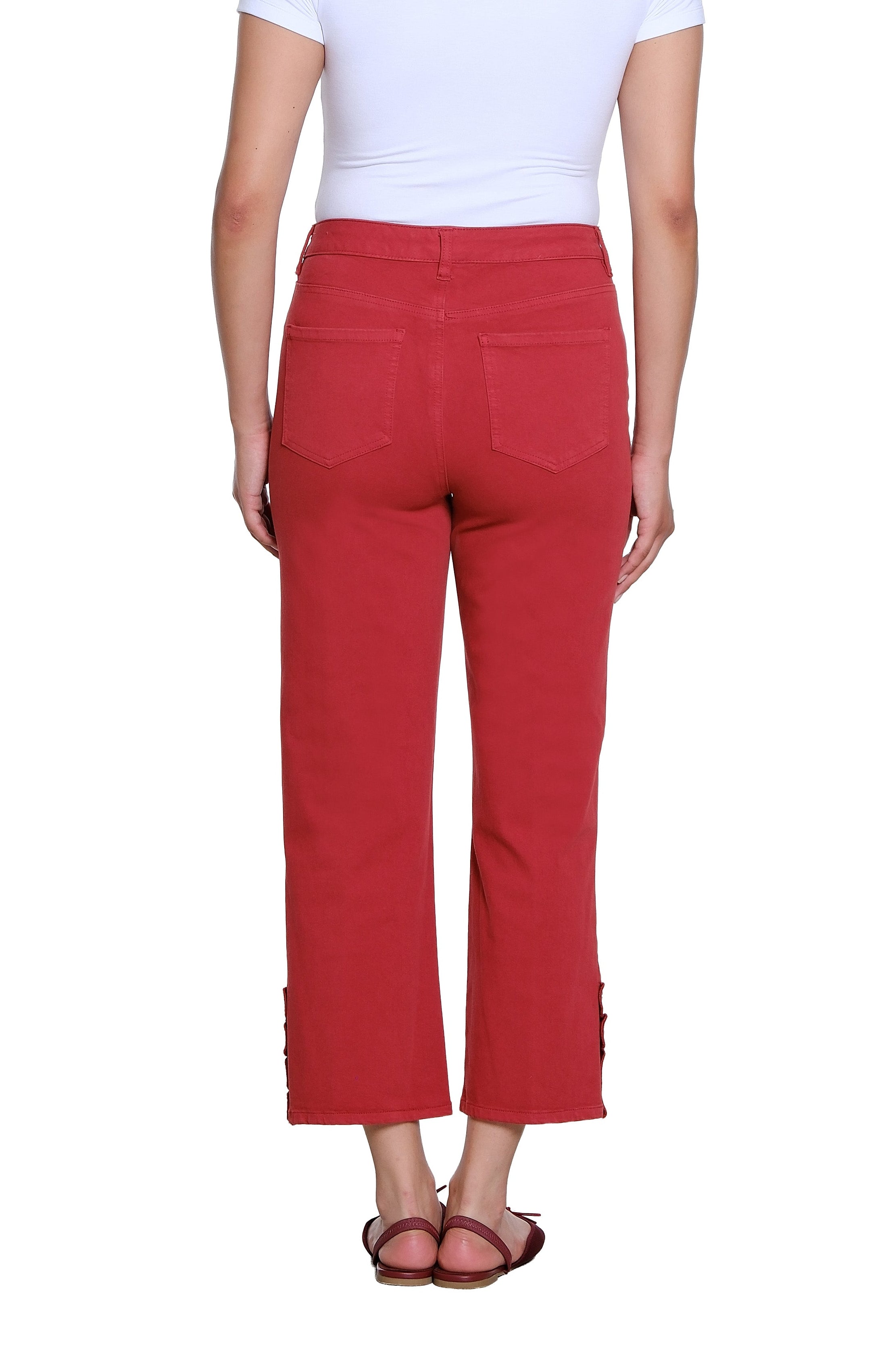 Zip and Button Front 5-Pocket Scallop Hem Vent Woven Crop Pant - Brick - view 2
