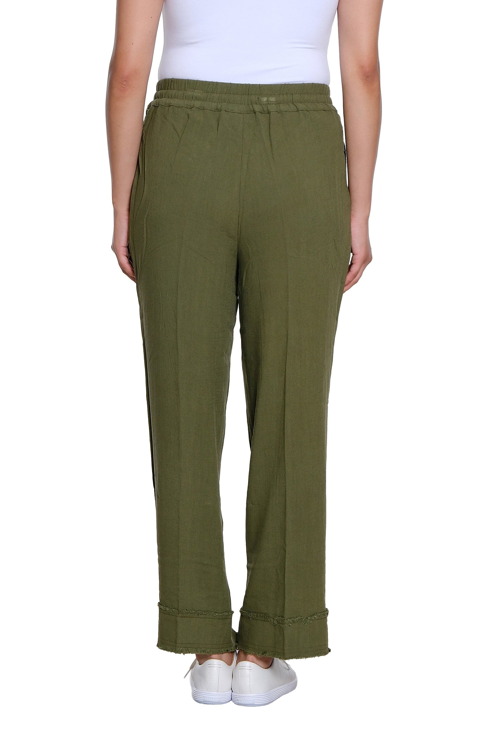 Drawstring Elastic Waist Pull On Woven Crop Pant with Fringe Hem Trim - Olive - view 2